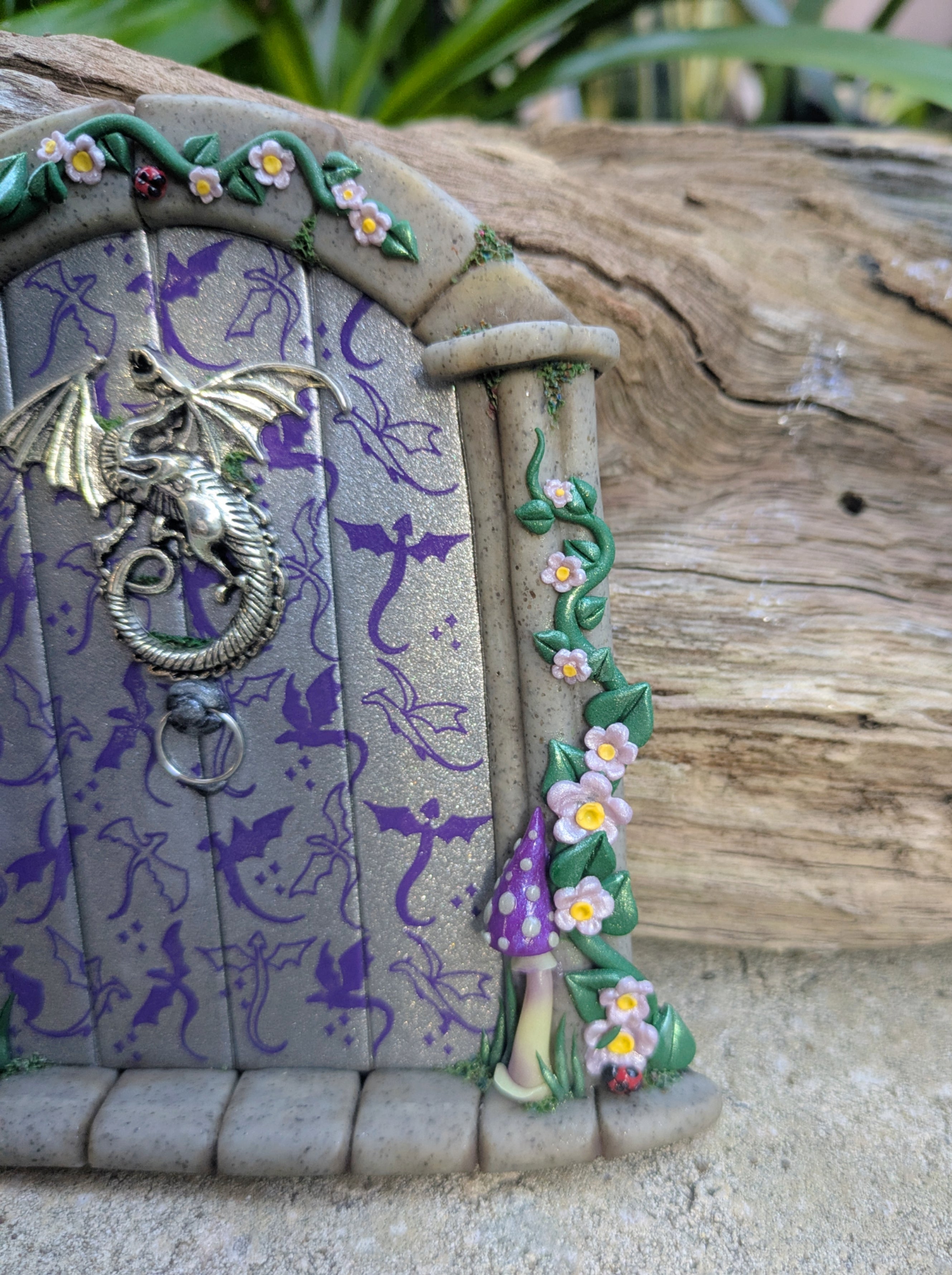 Hand Sculpted Silver & Purple Dragon's Lair Fairy Door