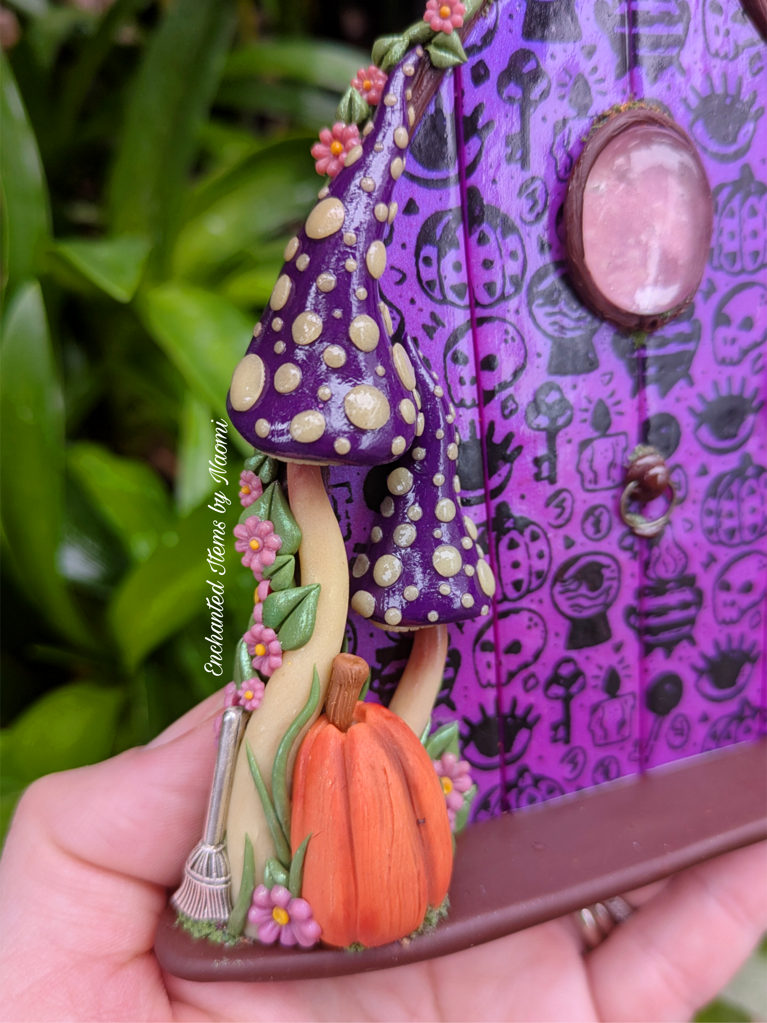 Hand Sculpted Mystics Fairy Door with Glow-in-the-Dark Mushrooms