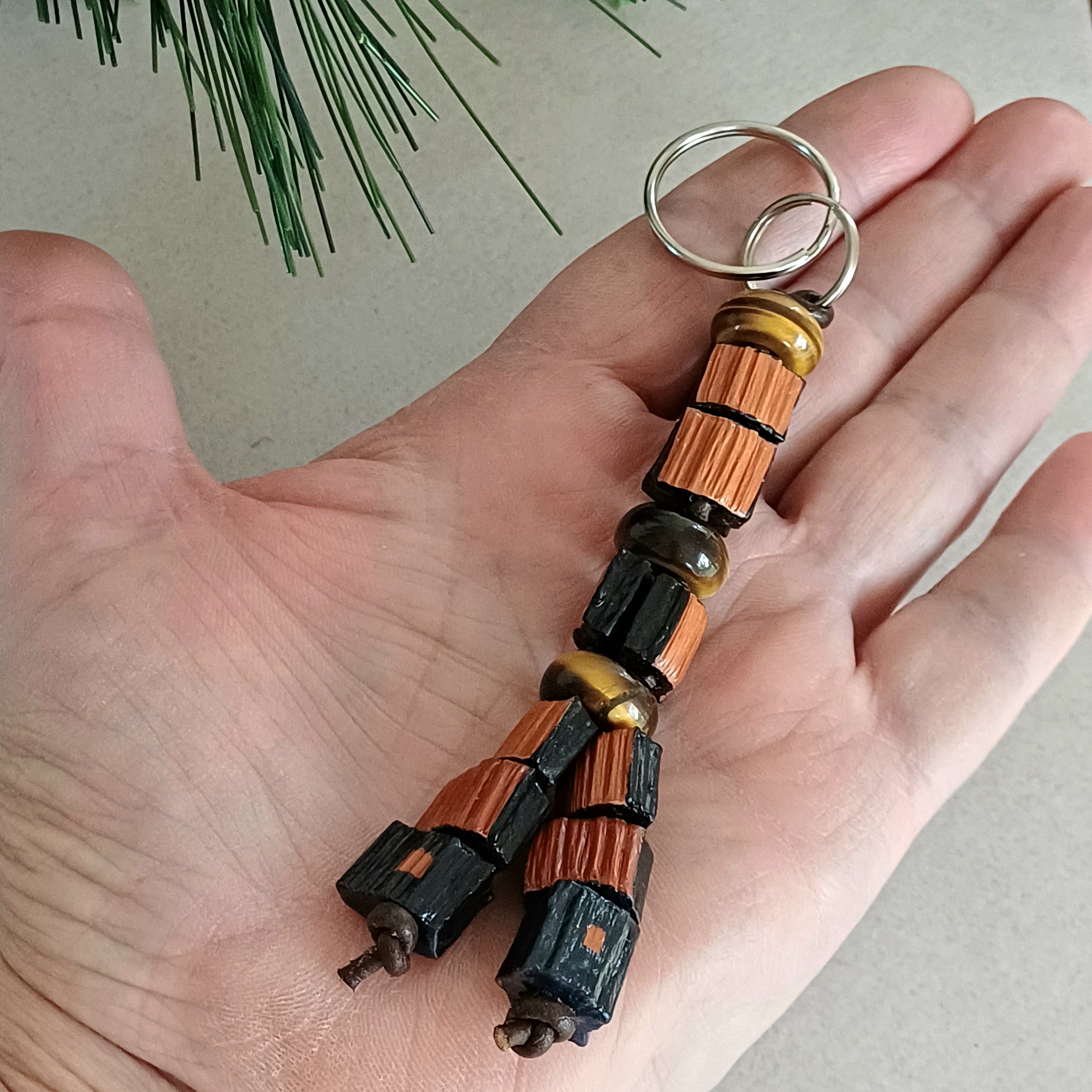 Handmade Palm Leaf Beads, Tiger's Eye Gemstones Keychain