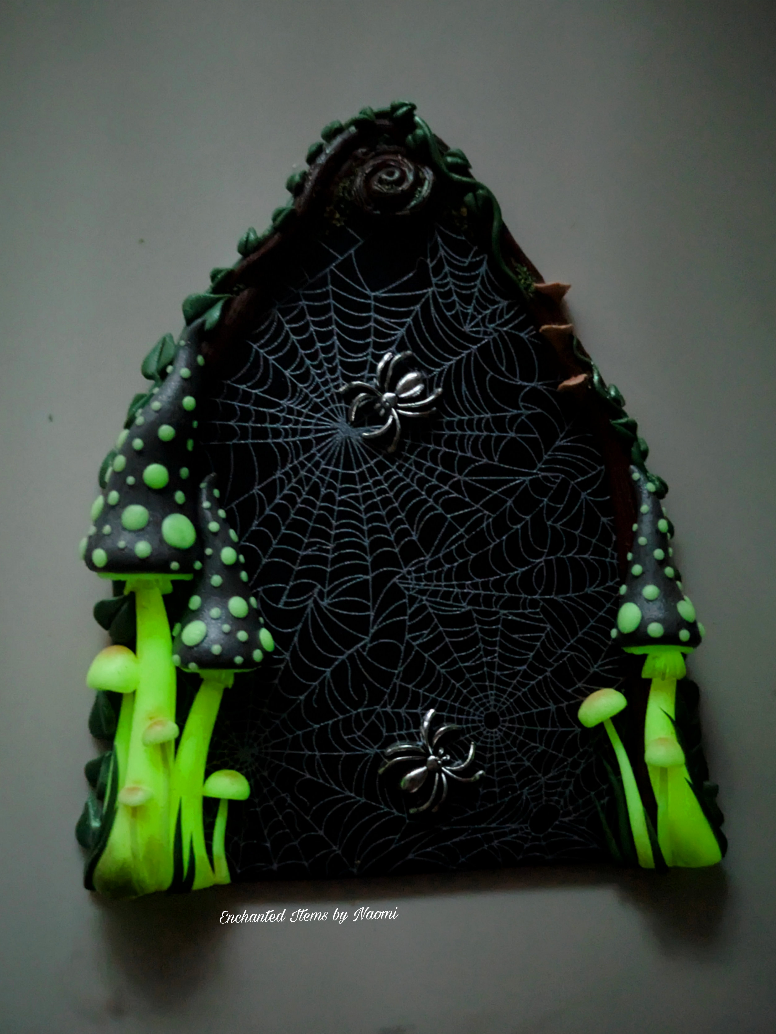 Spiderweb Forest Fairy door with glow in the dark mushrooms