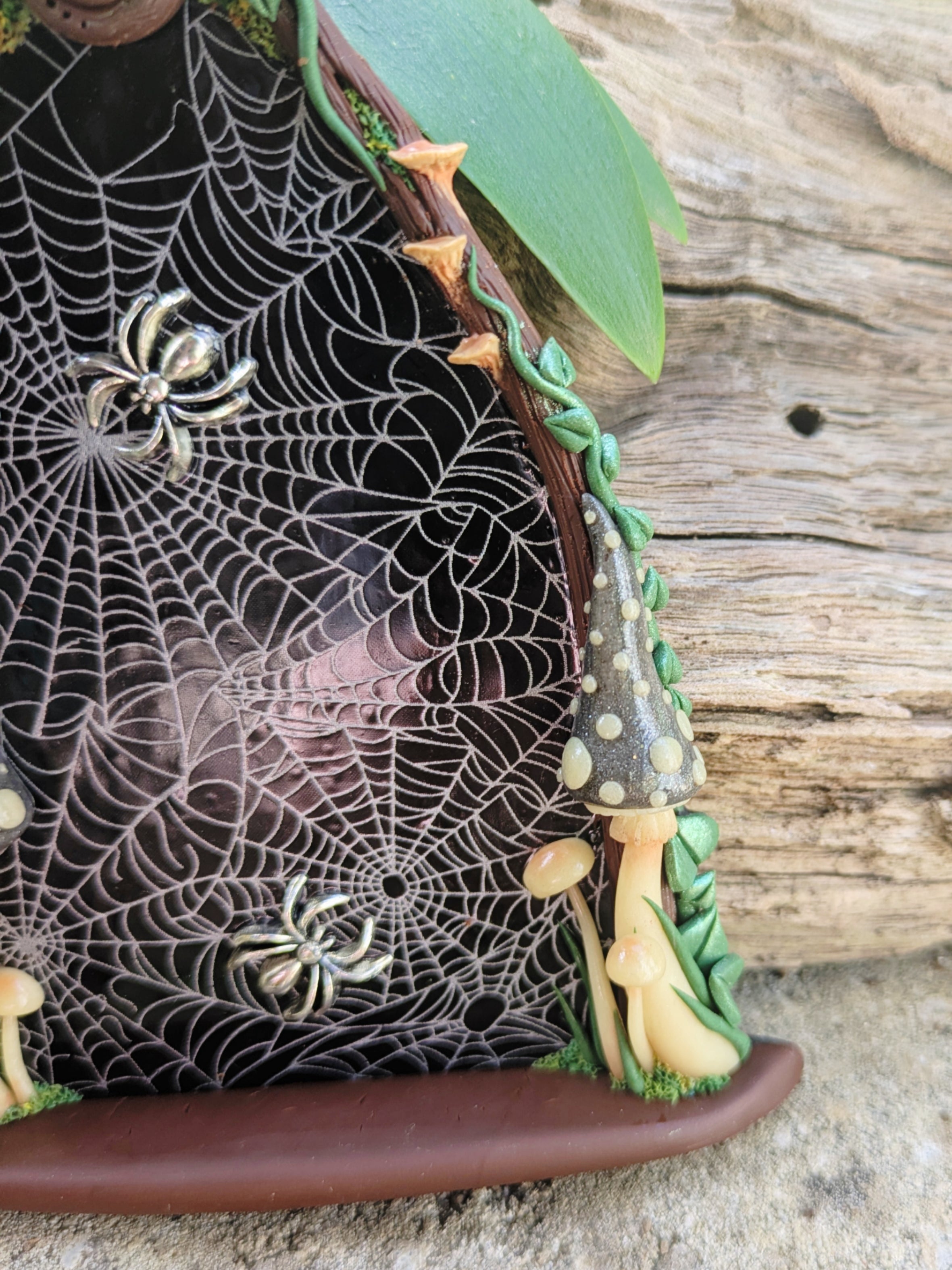 Spiderweb Forest Fairy door with glow in the dark mushrooms