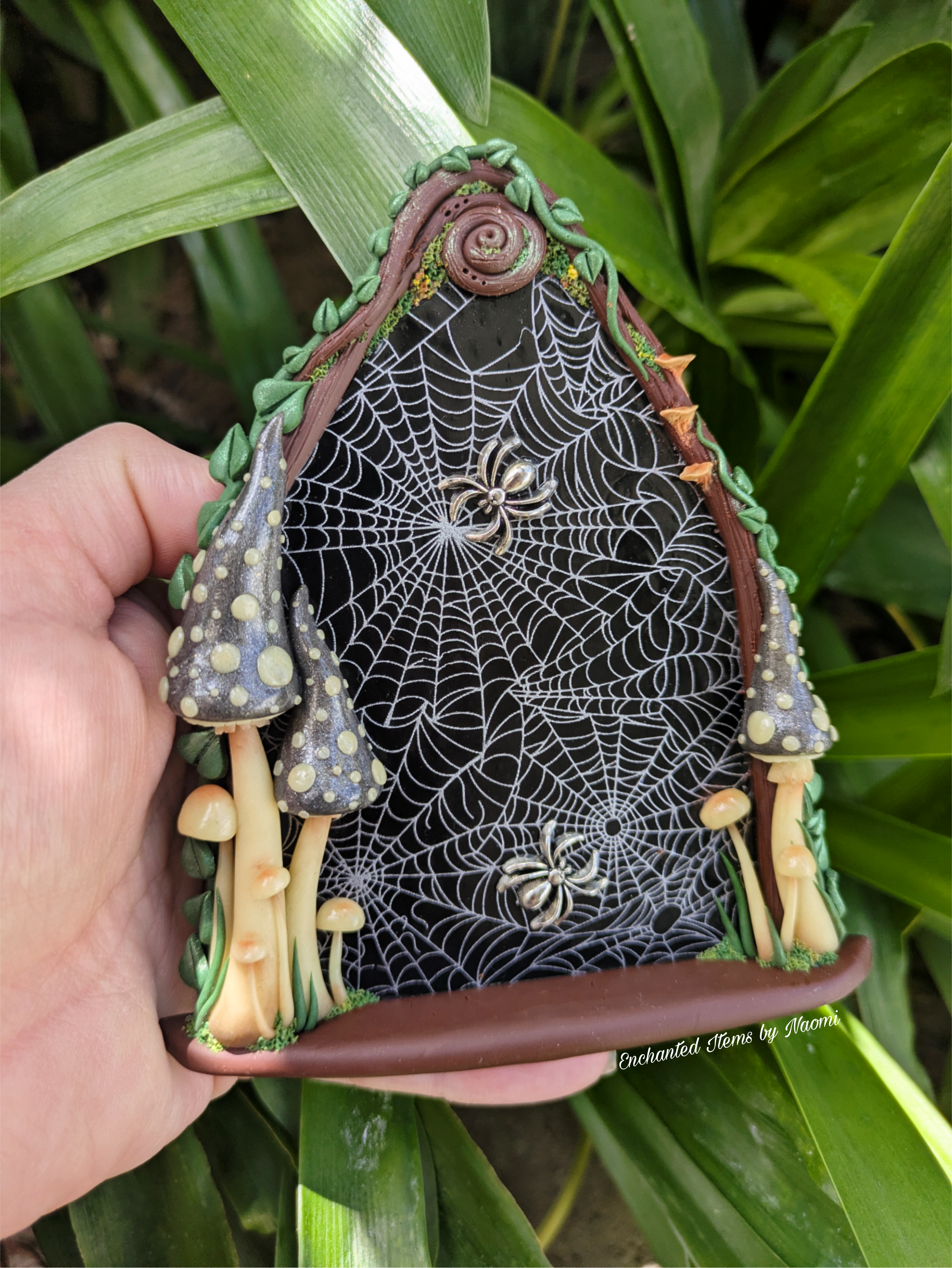Spiderweb Forest Fairy door with glow in the dark mushrooms
