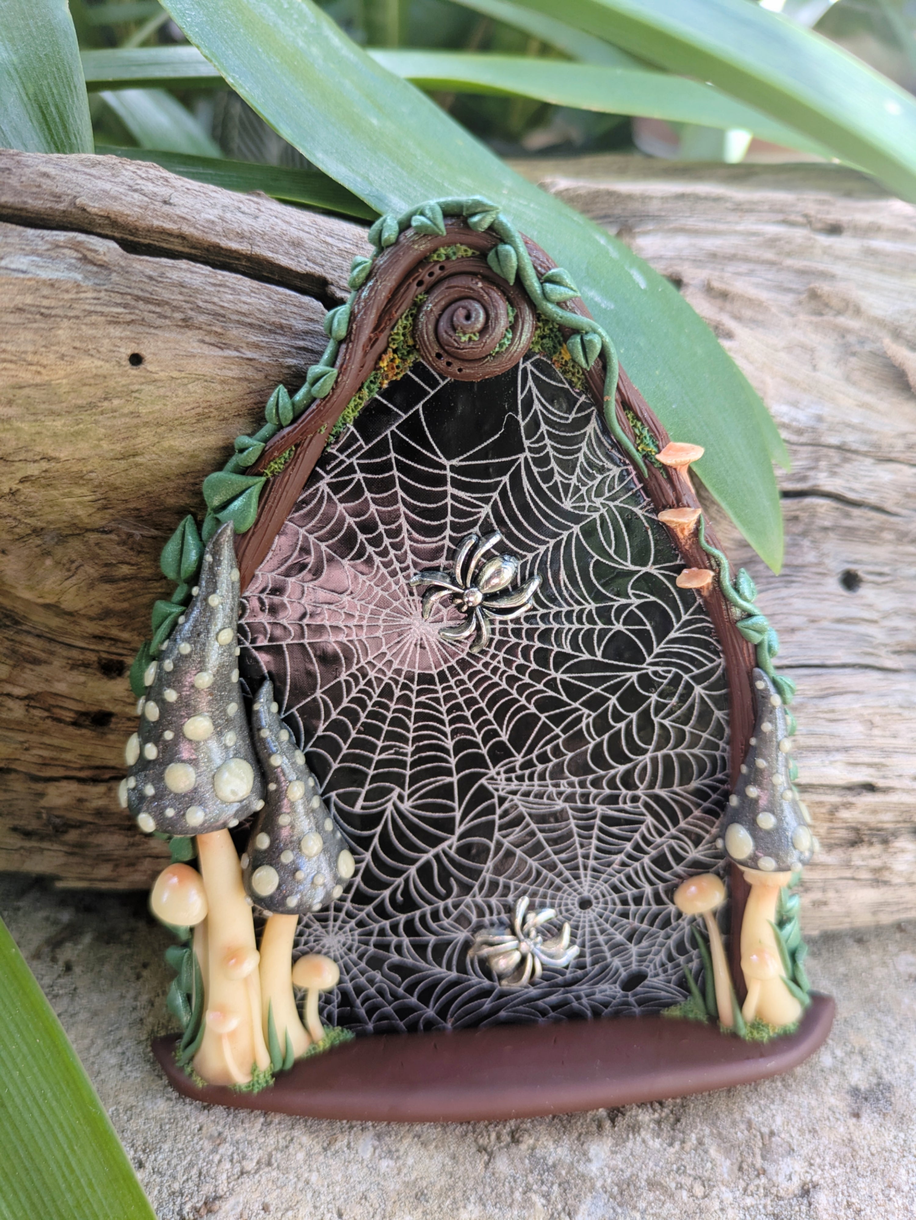 Spiderweb Forest Fairy door with glow in the dark mushrooms