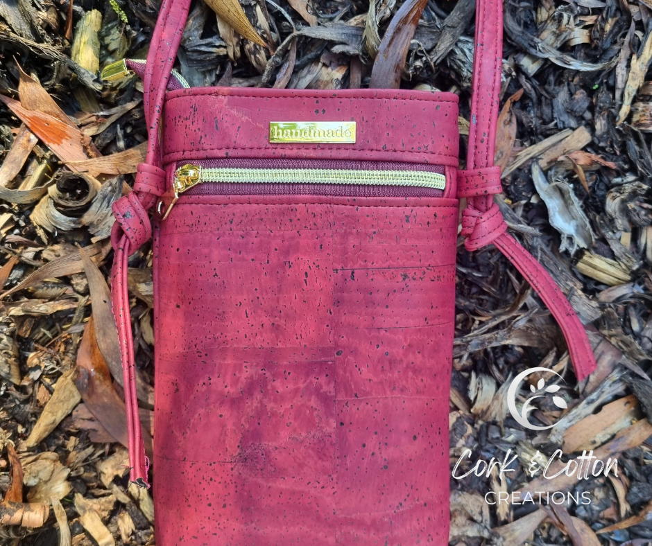 Eco-friendly Cork Phone Bag in Red Wine| Plait Strap Detail