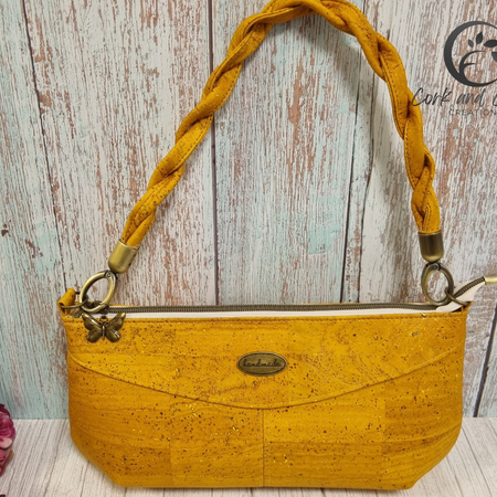 Cork Handbag with Decorative Handle in Mustard | Modern Design