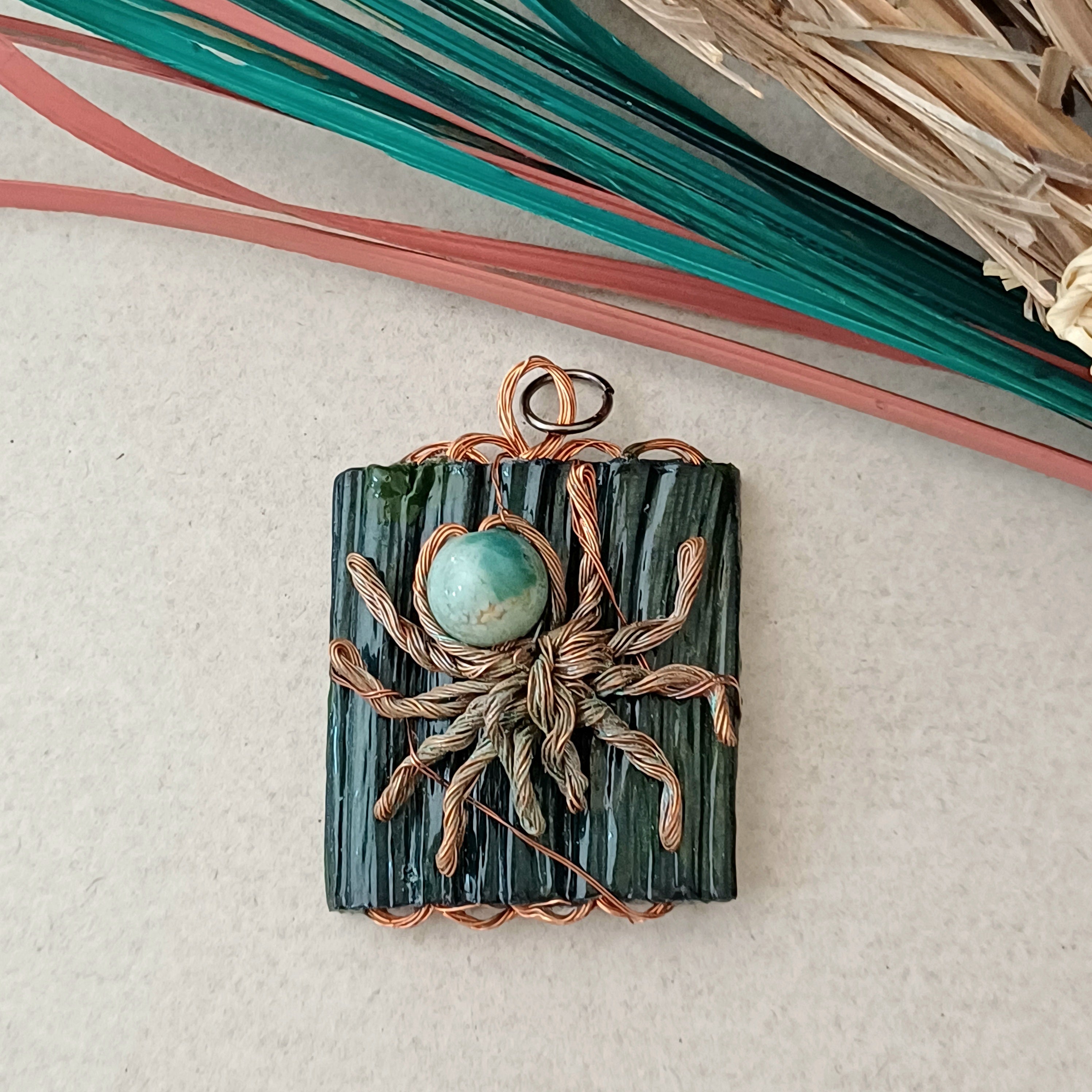 Spider Pendant - Handmade, copper wire, palm leaf, natural stone, without a chain