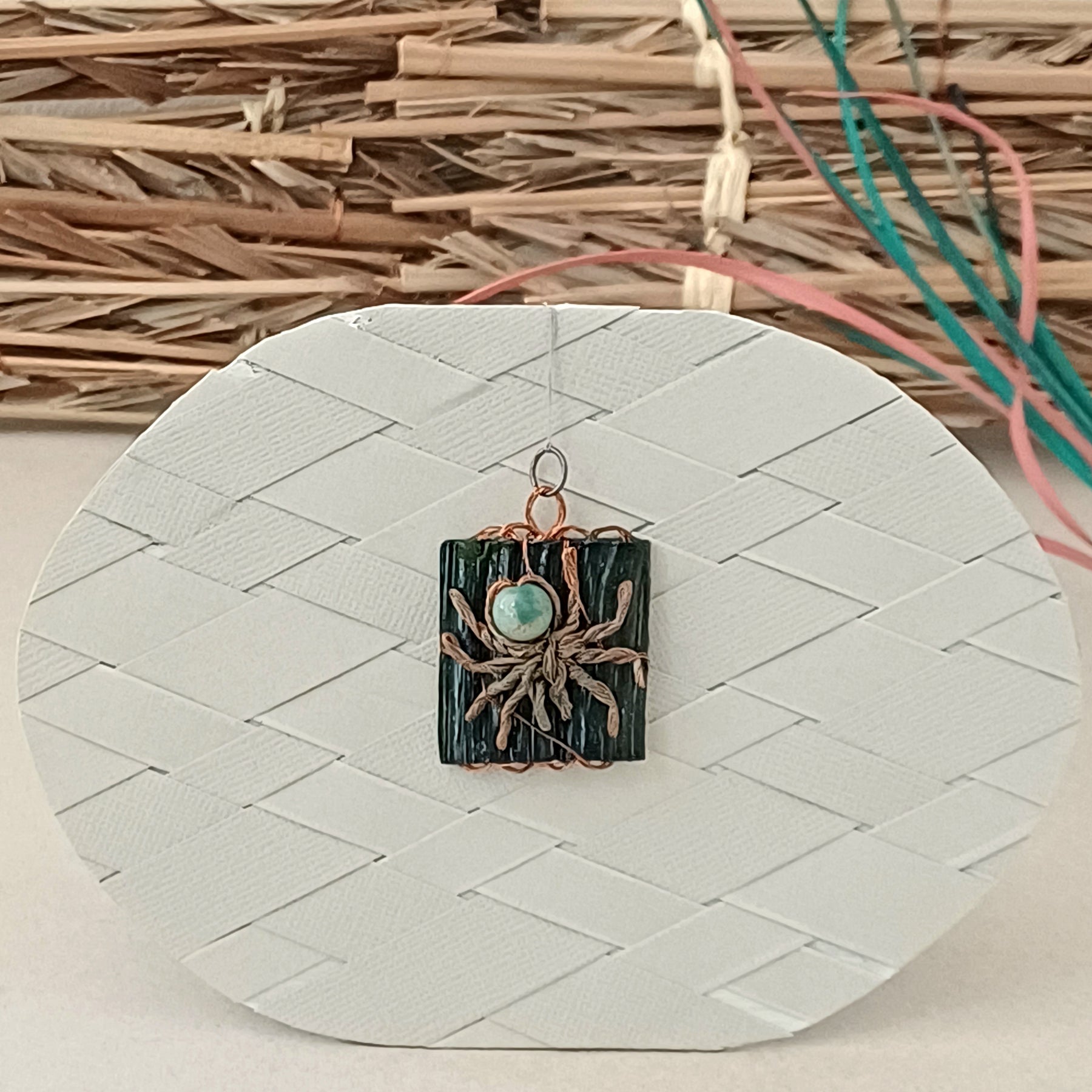 Spider Pendant - Handmade, copper wire, palm leaf, natural stone, without a chain