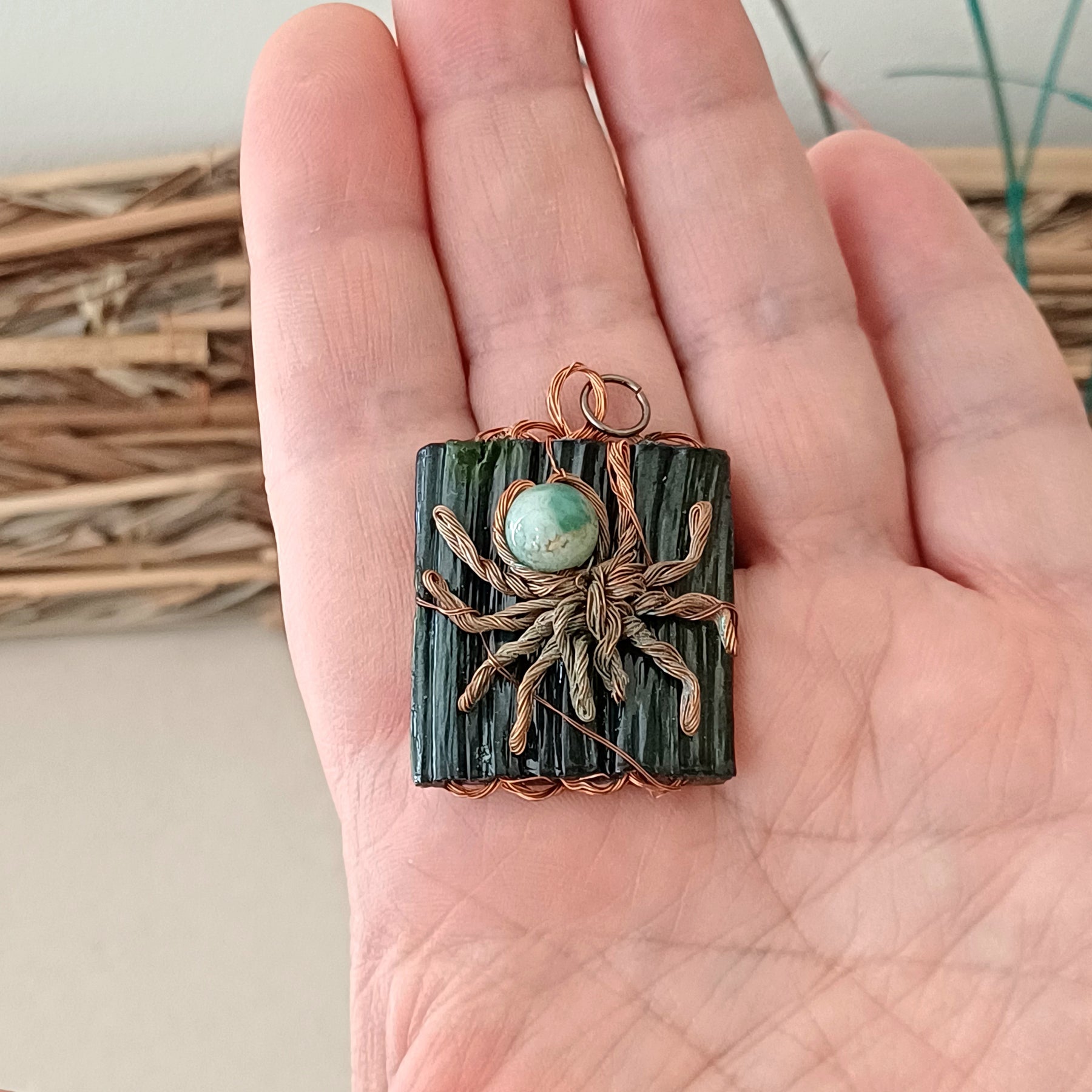 Spider Pendant - Handmade, copper wire, palm leaf, natural stone, without a chain