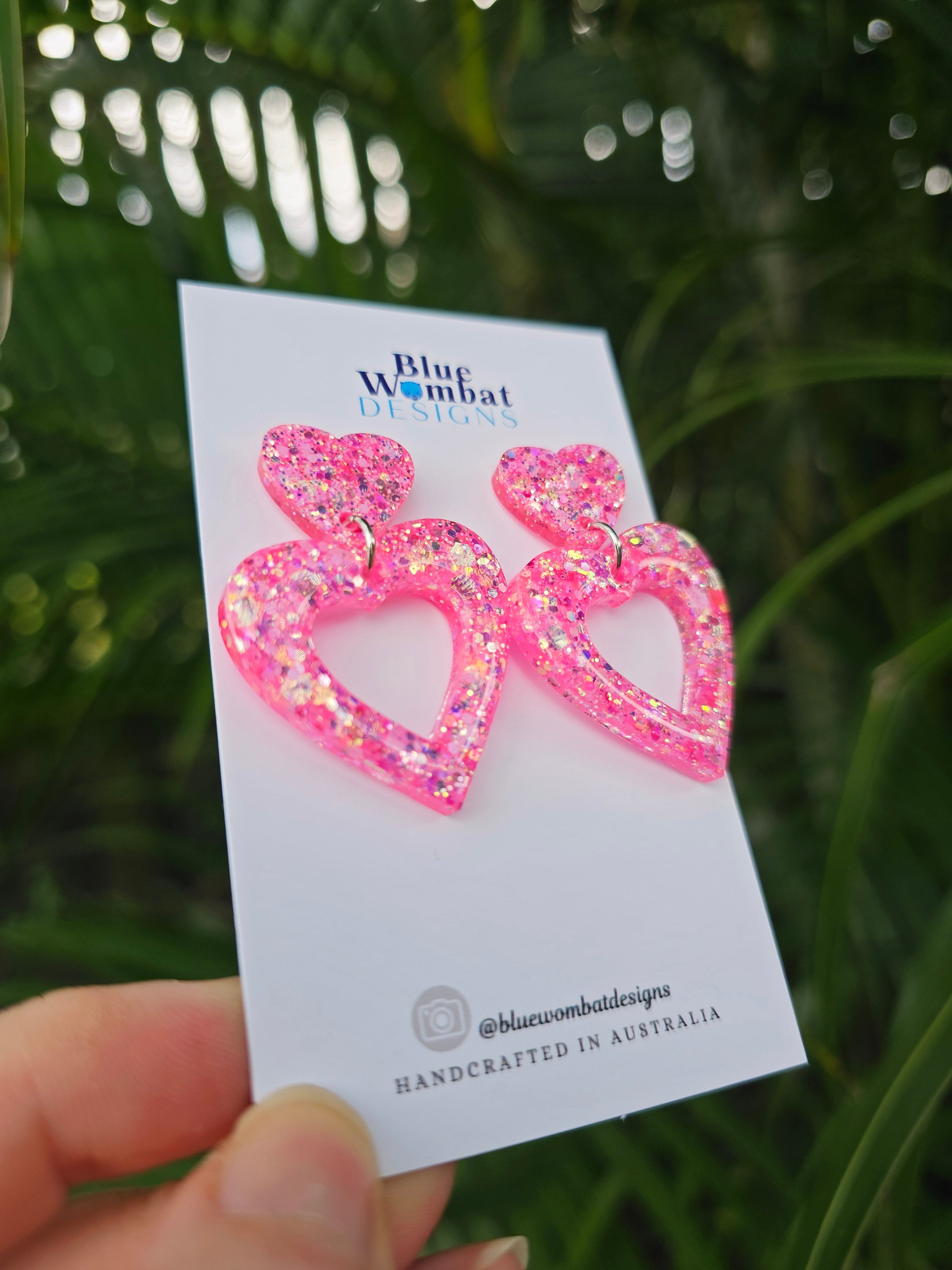 Pink Love Heart Glitter Resin Dangle Earrings