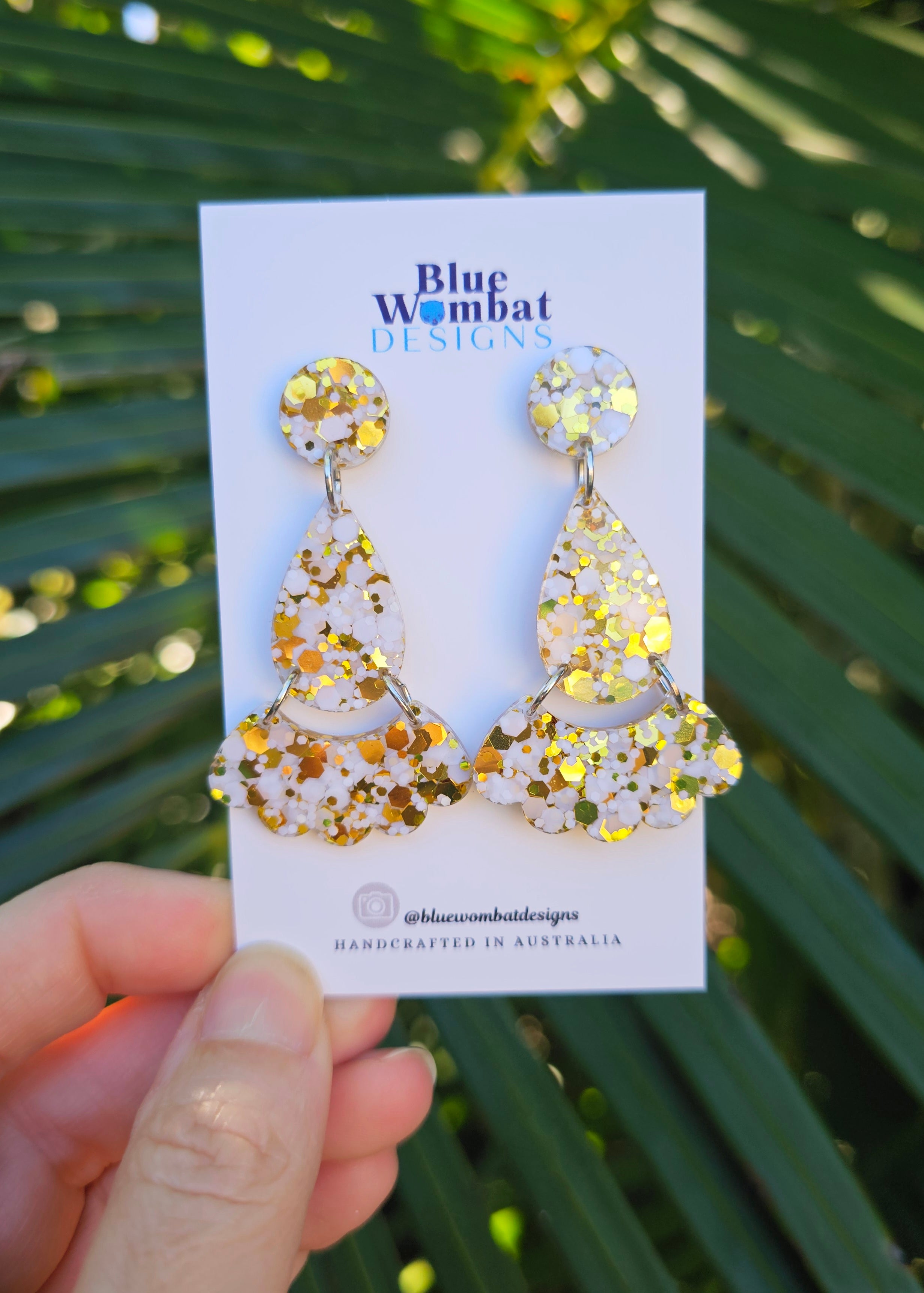 White Gold Glitter Resin Dangle Statement Earrings