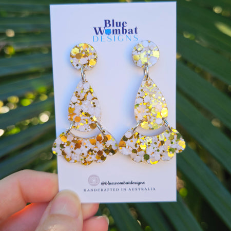 White Gold Glitter Resin Dangle Statement Earrings