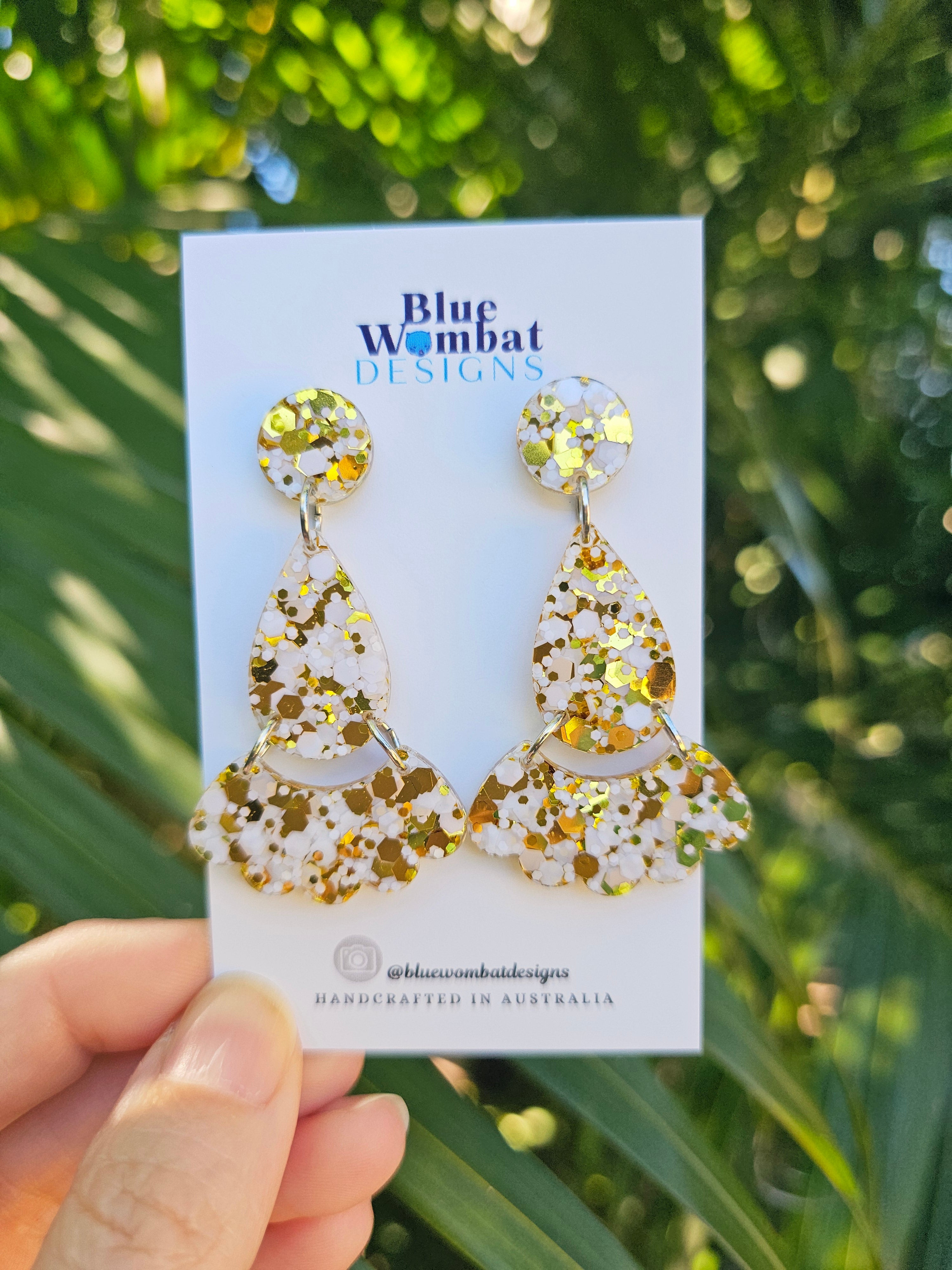 White Gold Glitter Resin Dangle Statement Earrings