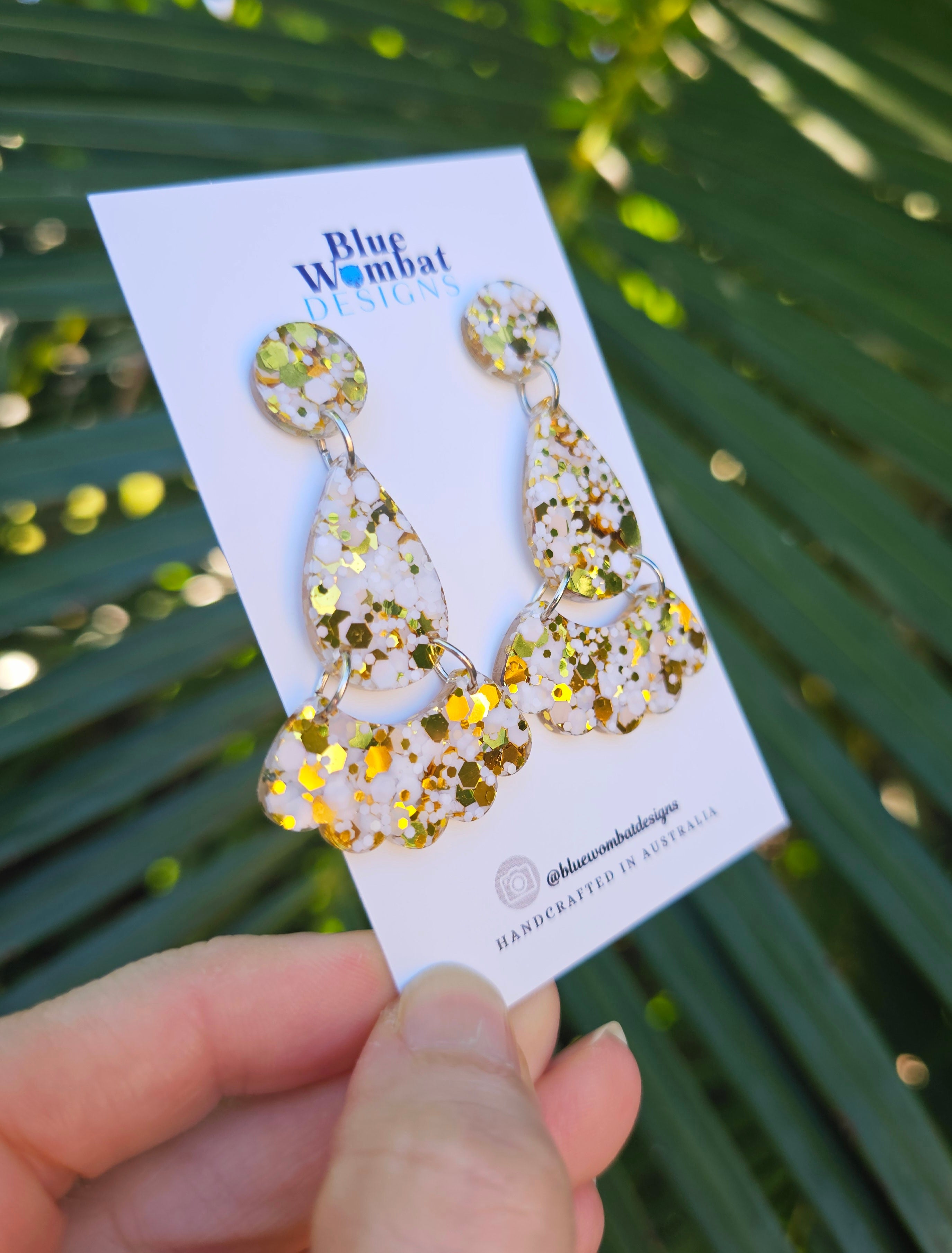 White Gold Glitter Resin Dangle Statement Earrings