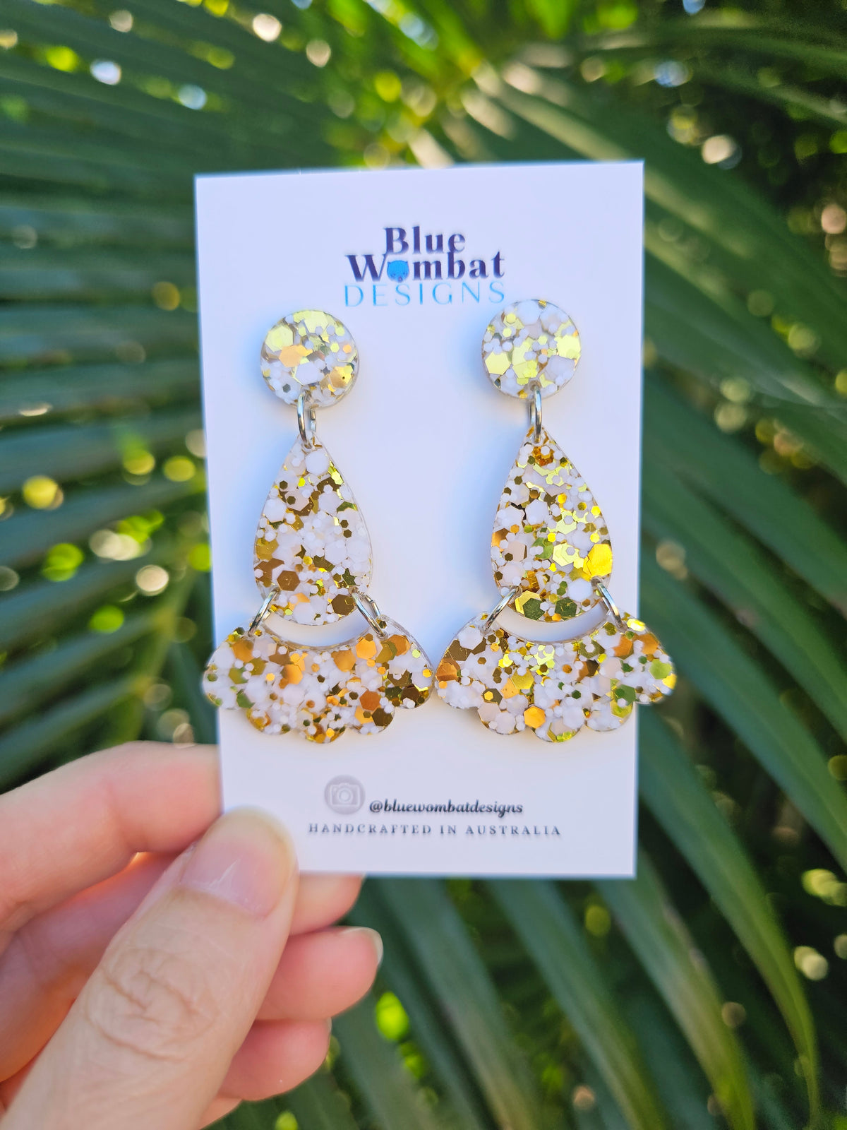 White Gold Glitter Resin Dangle Statement Earrings