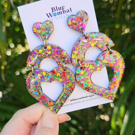 Large Love Heart Glitter Dangle Earrings