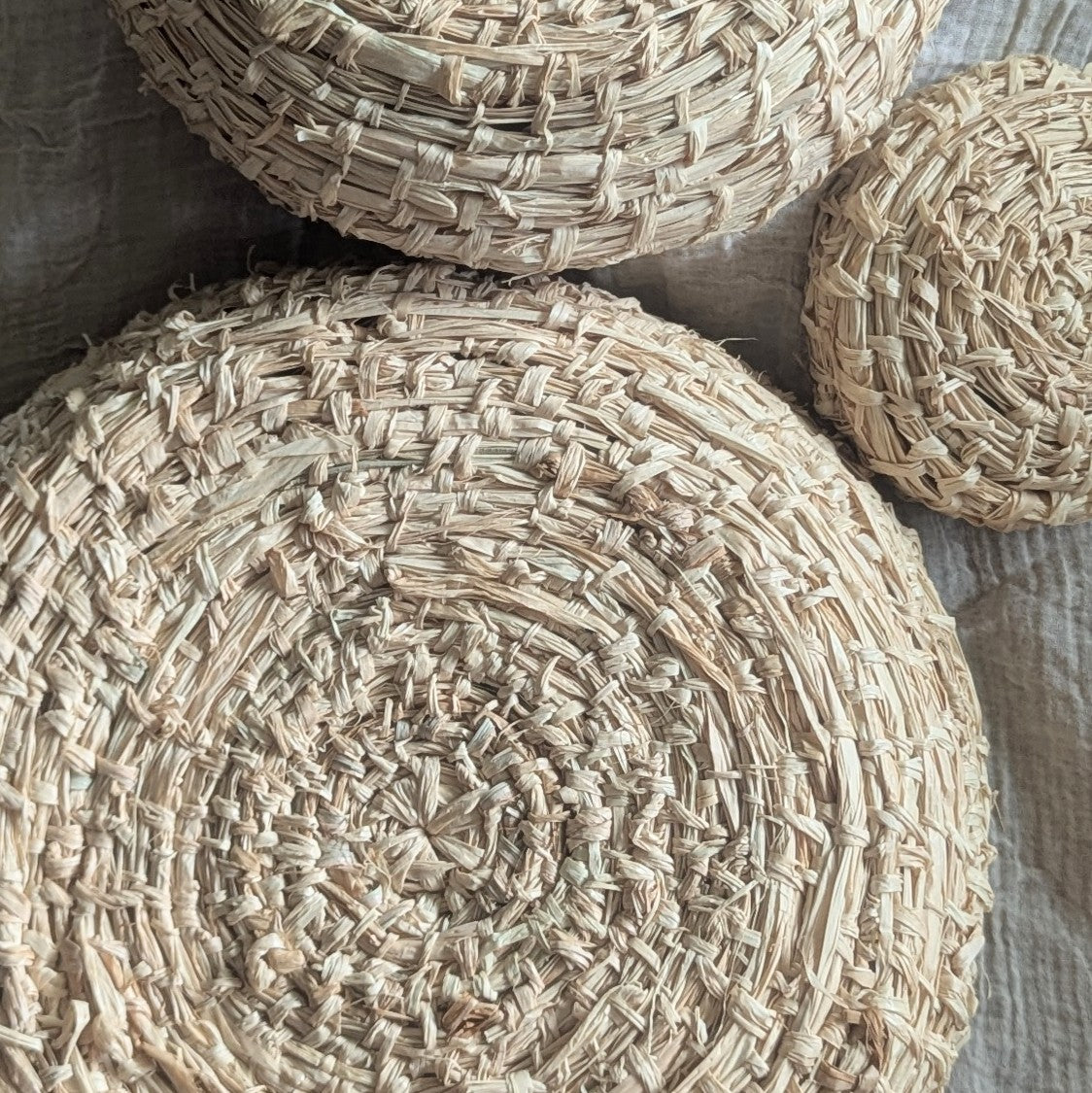 Nest of 3 Handwoven Natural Undyed Palm Raffia -  Basket Bundle
