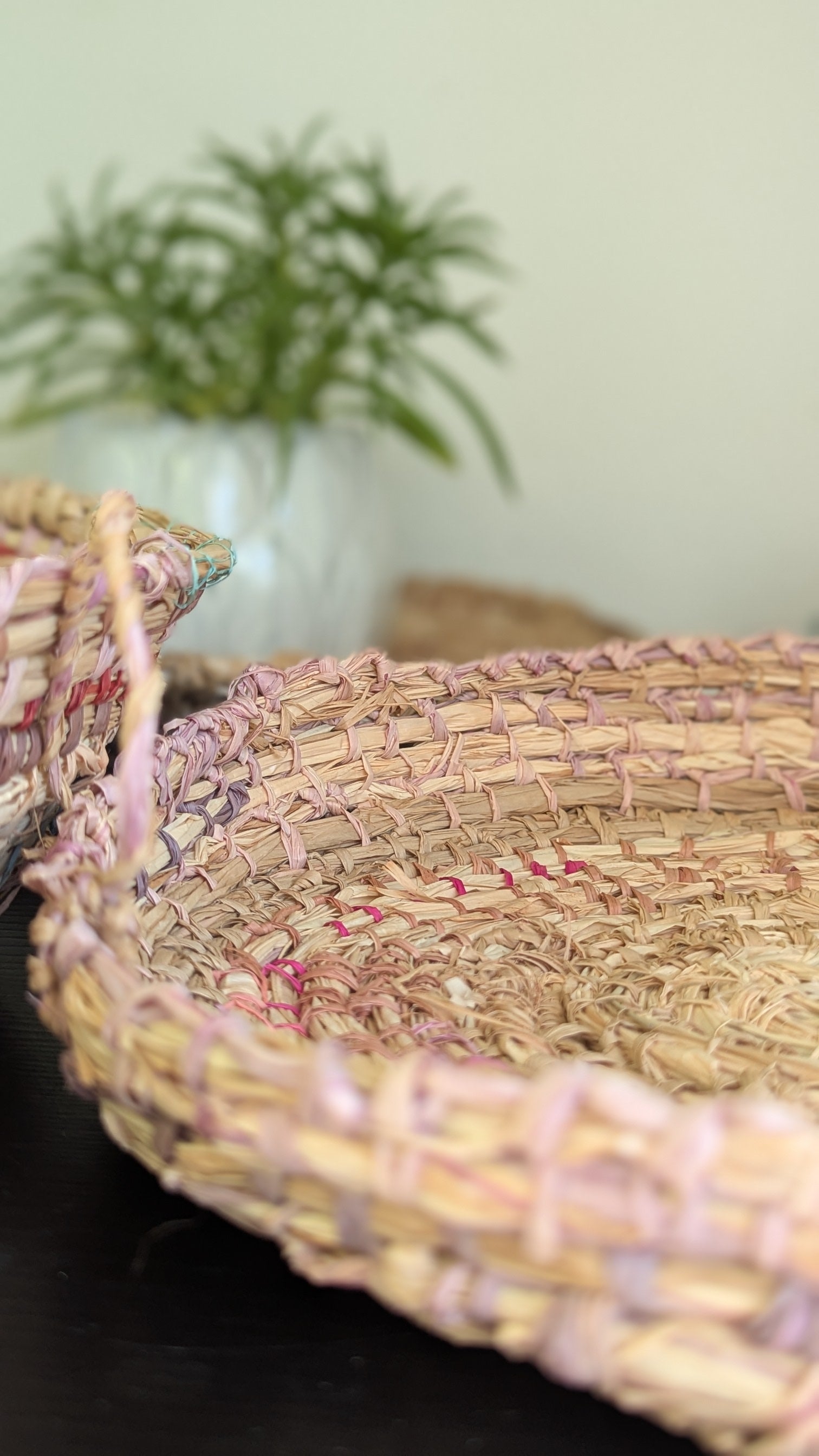 Basket Hand-dyed Natural Fibres - Eucalyptus & Dusk Pinks  .Coiled Raffia Tray