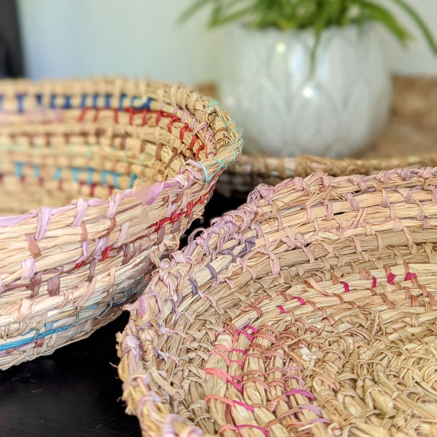 Basketry Tray- Hand-dyed Eucalyptus+ Soft Pinks - Sustainable Palm Raffia
