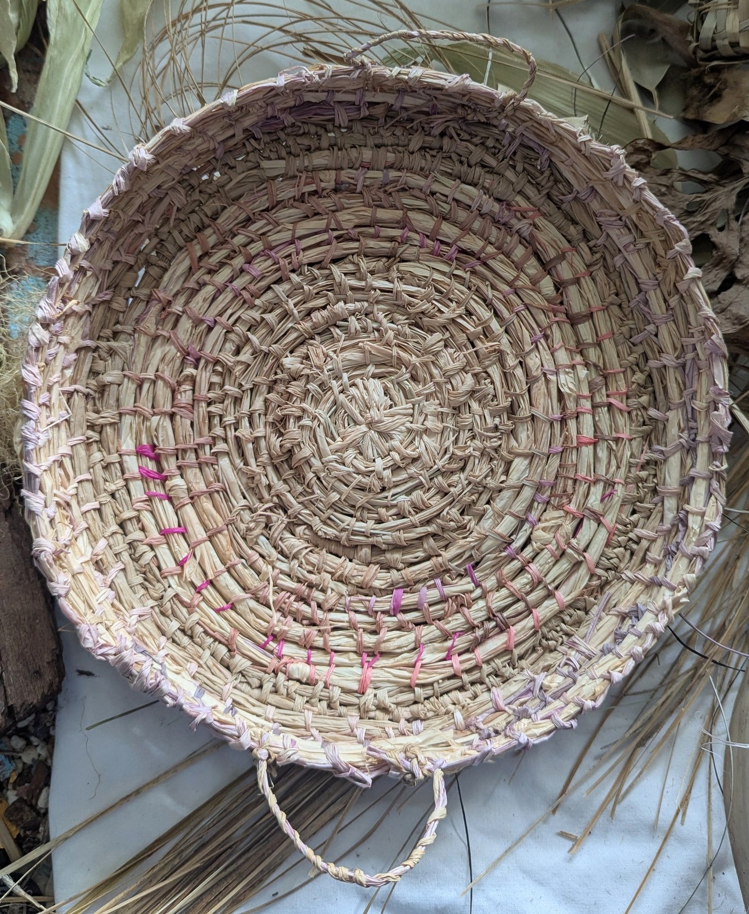 Basketry Tray- Hand-dyed Eucalyptus+ Soft Pinks - Sustainable Palm Raffia