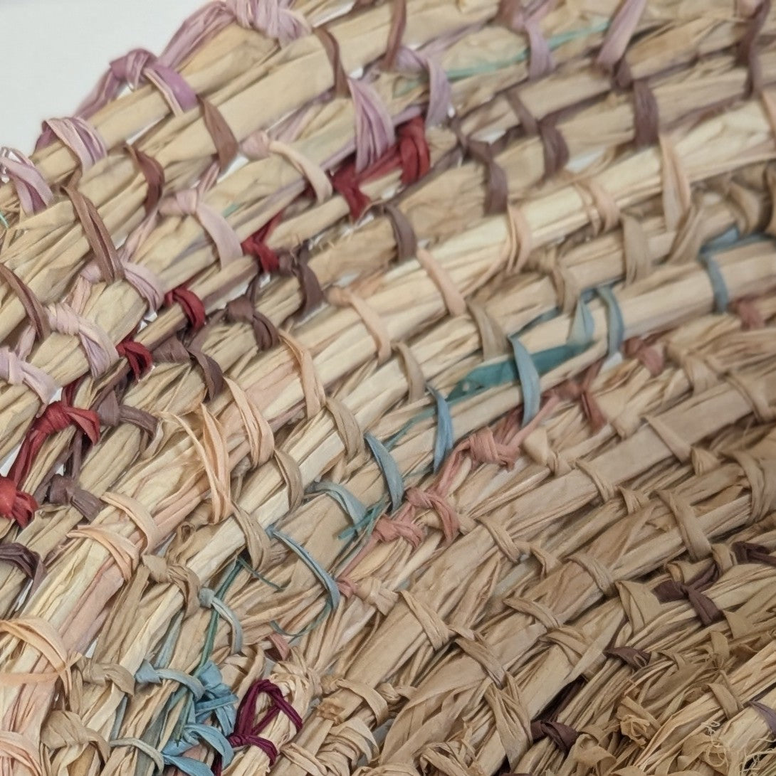 Eucalyptus Plant dyed Coiled Basket - Multicolour Accents - Handmade Raffia Basket