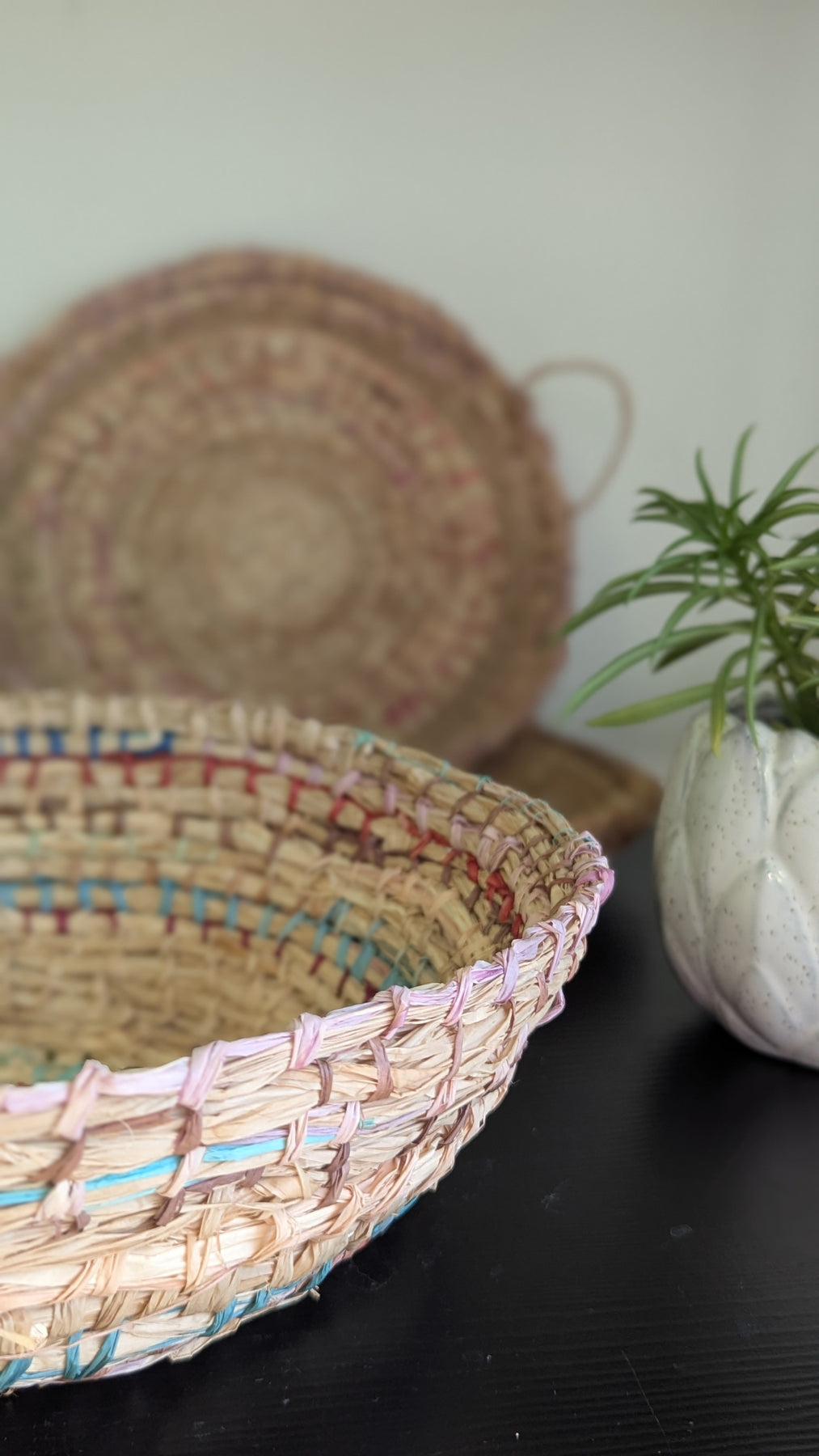 Eucalyptus Plant dyed Coiled Basket - Multicolour Accents - Handmade Raffia Basket