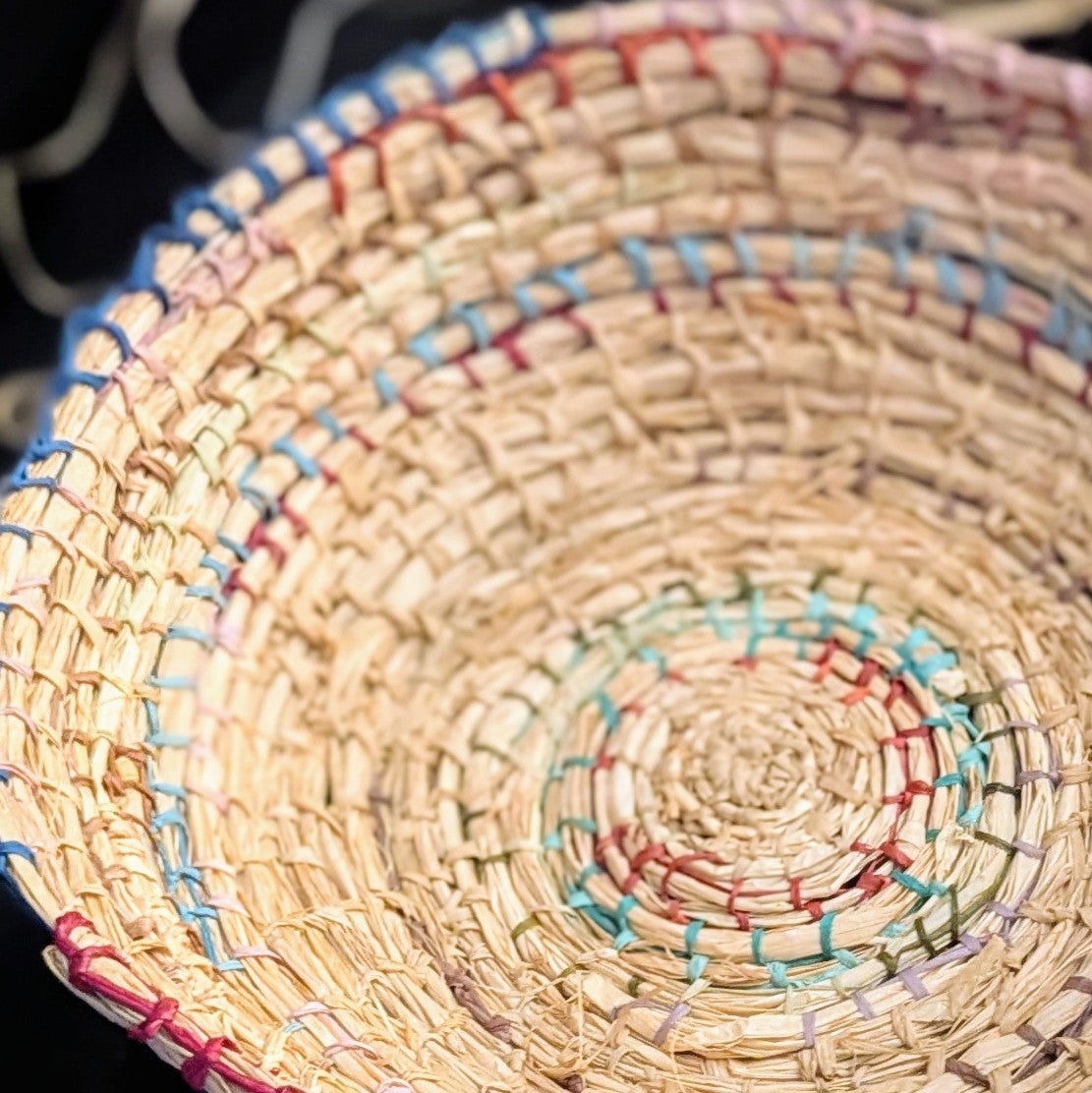 Eucalyptus Plant dyed Coiled Basket - Multicolour Accents - Handmade Raffia Basket