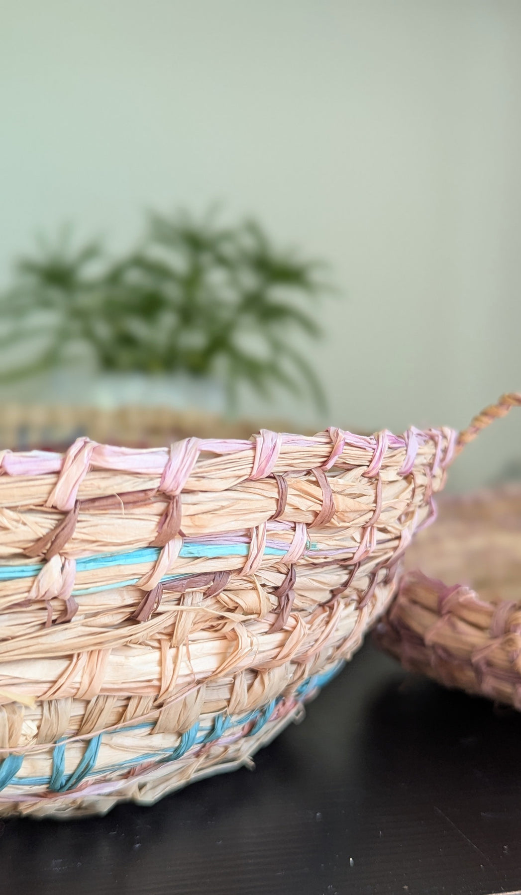 Eucalyptus Plant dyed Coiled Basket - Multicolour Accents - Handmade Raffia Basket
