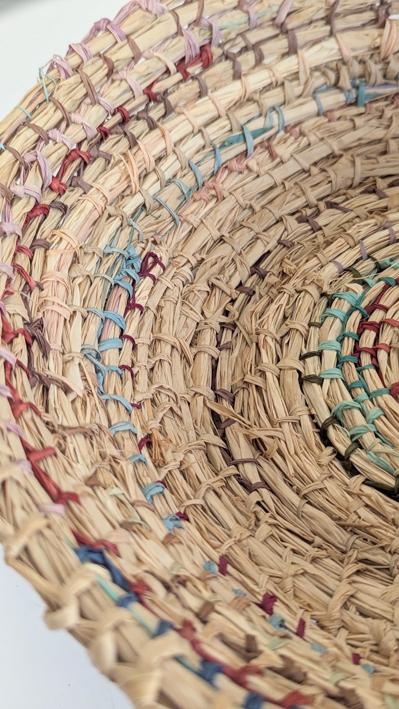 Eucalyptus dyed Coiled Basket - Multicolour Accents - Handmade Raffia Basket