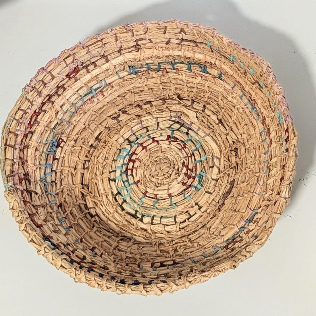 Eucalyptus Plant dyed Coiled Basket - Multicolour Accents - Handmade Raffia Basket