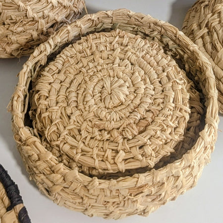 Palm Raffia Coaster Basket Set - 4 Natural Coil Stitch Basketry Coasters Set