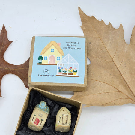 Tiny Ceramic Gardener's Cottage and Greenhouse Set Blue