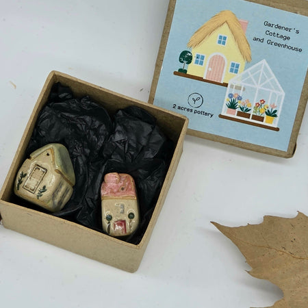 Tiny Ceramic Gardener's Cottage and Greenhouse Set Pink