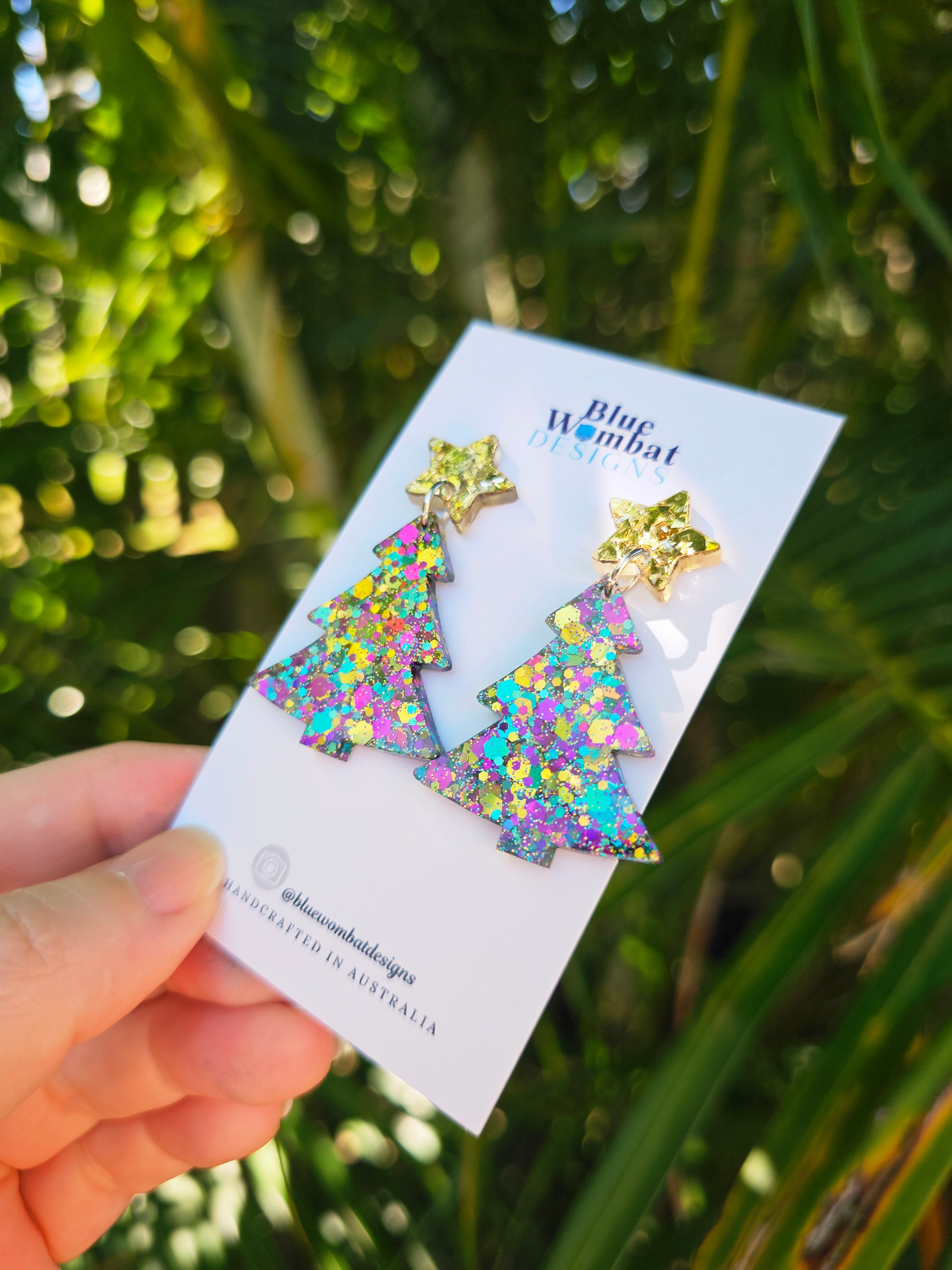 Christmas Tree Glitter Resin Dangle Earrings Handmade