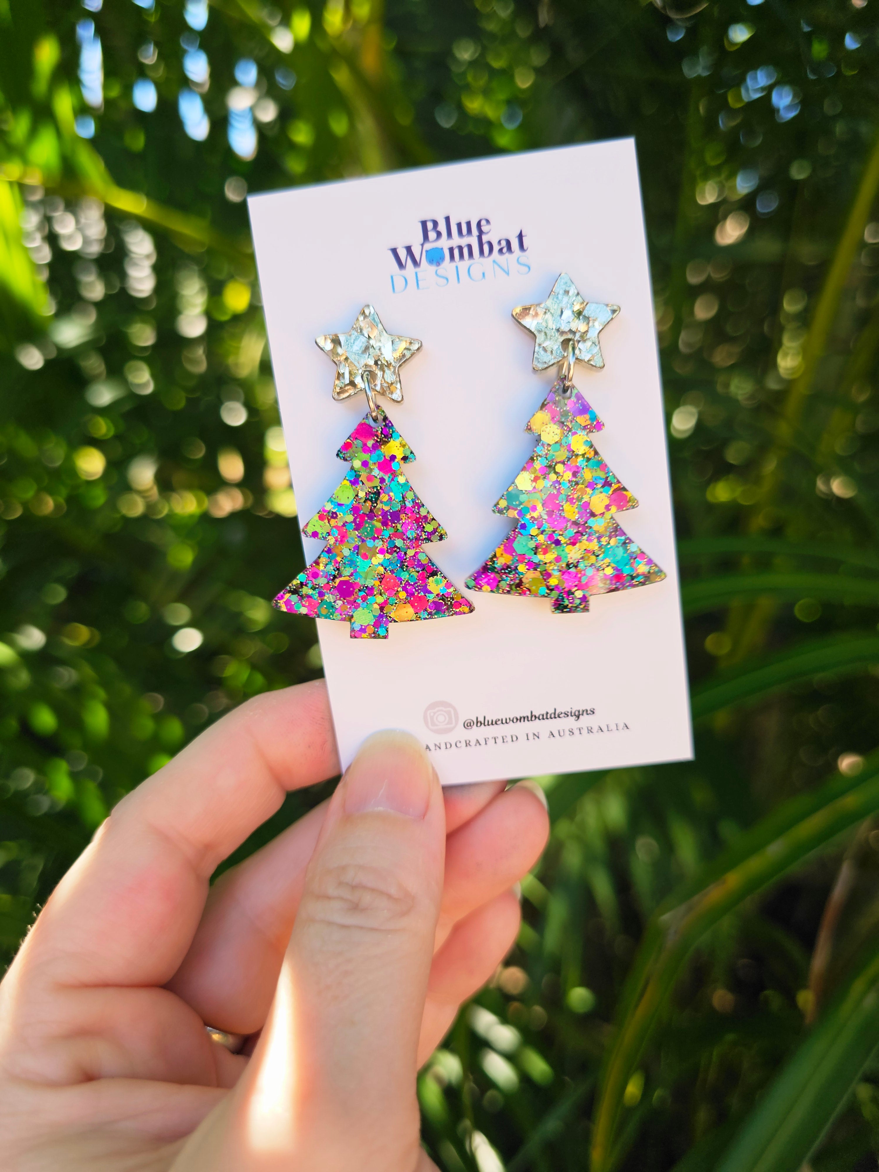 Christmas Tree Glitter Resin Dangle Earrings Handmade