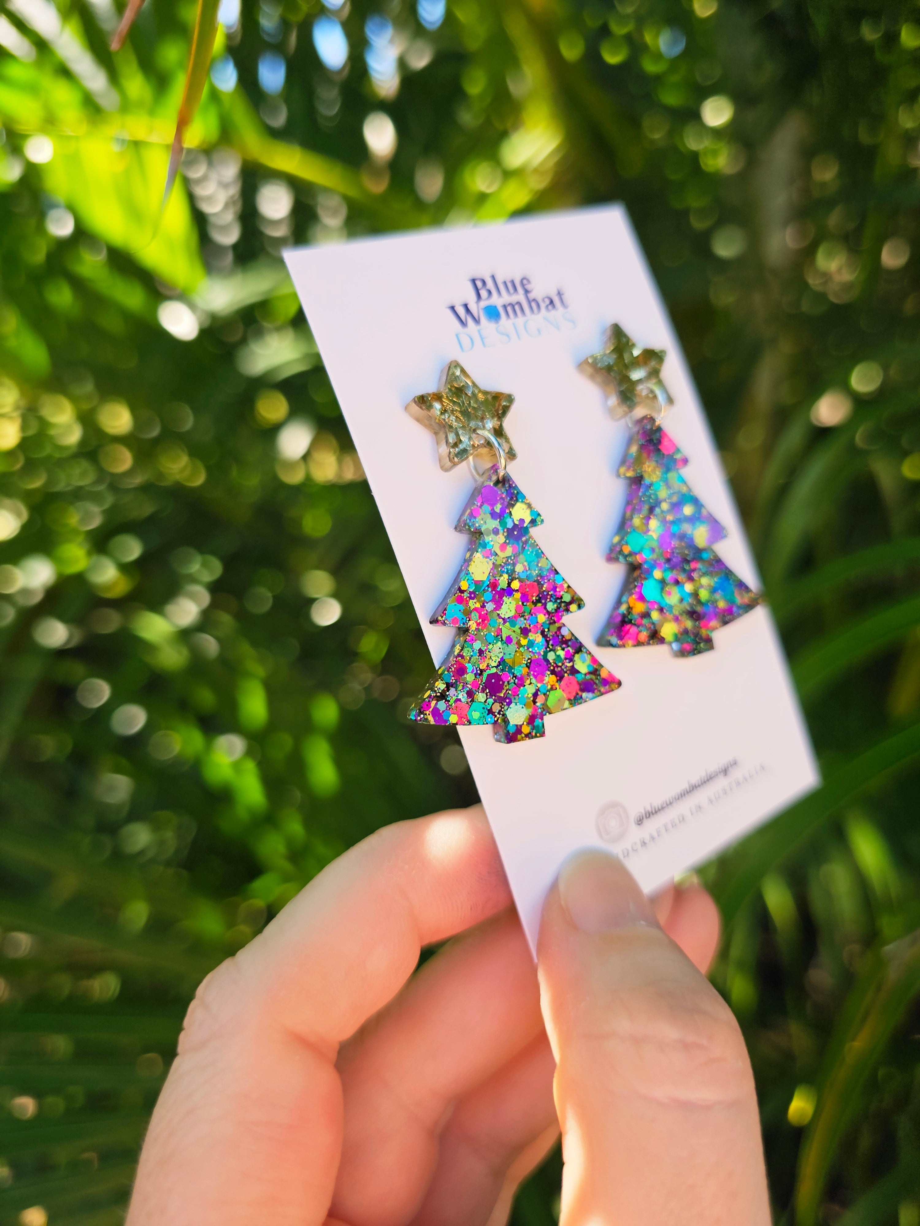 Christmas Tree Glitter Resin Dangle Earrings Handmade