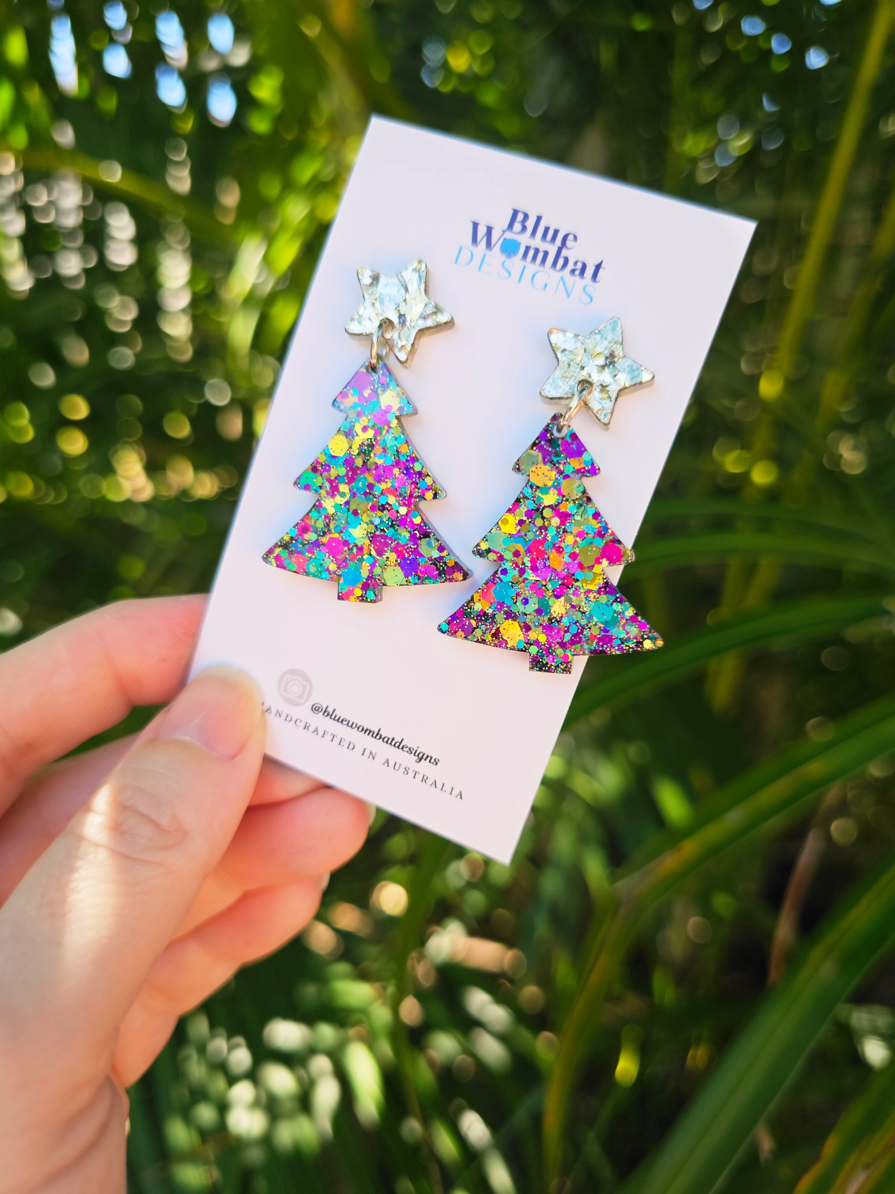 Christmas Tree Glitter Resin Dangle Earrings Handmade