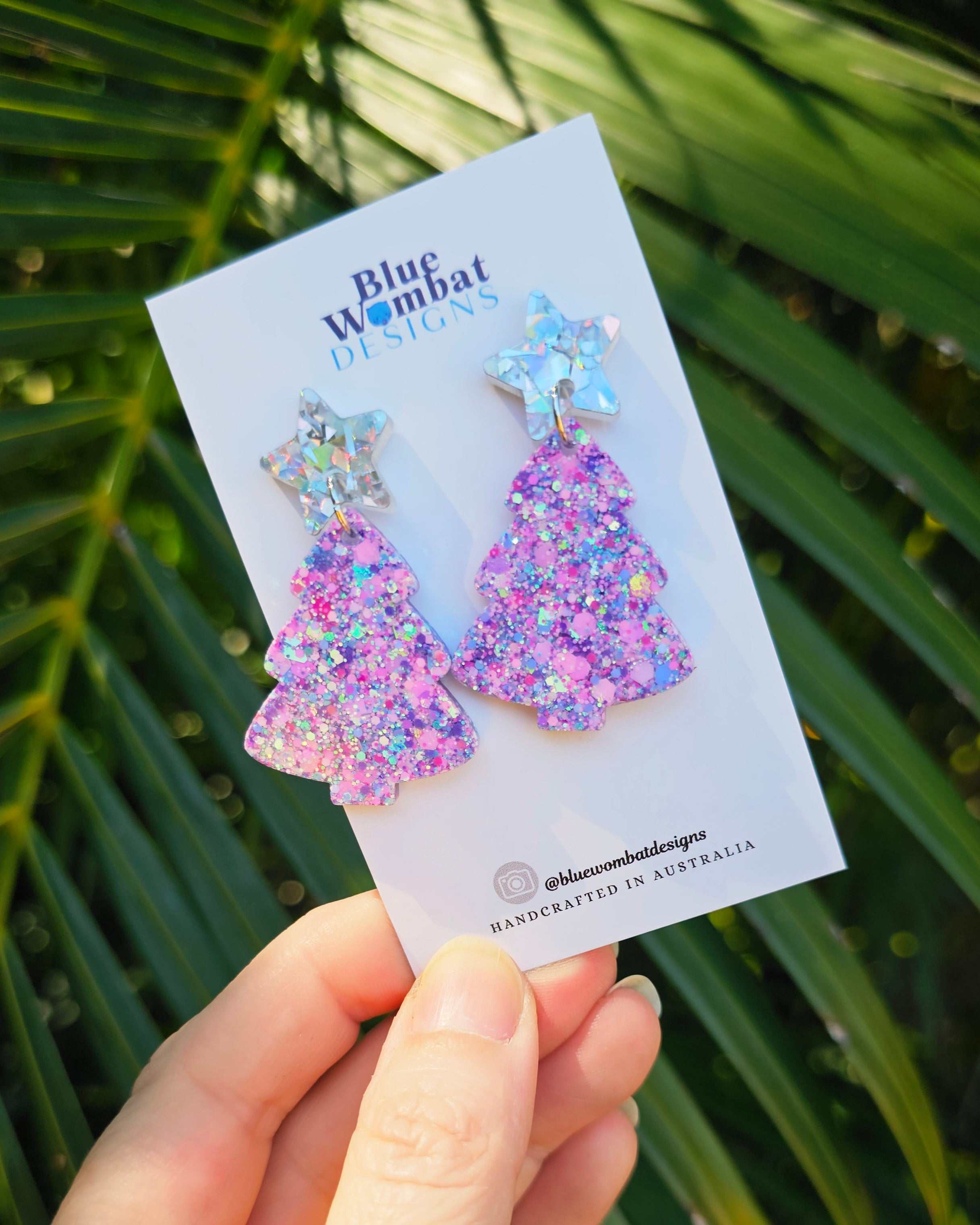 Christmas Tree Glitter Resin Dangle Earrings Handmade