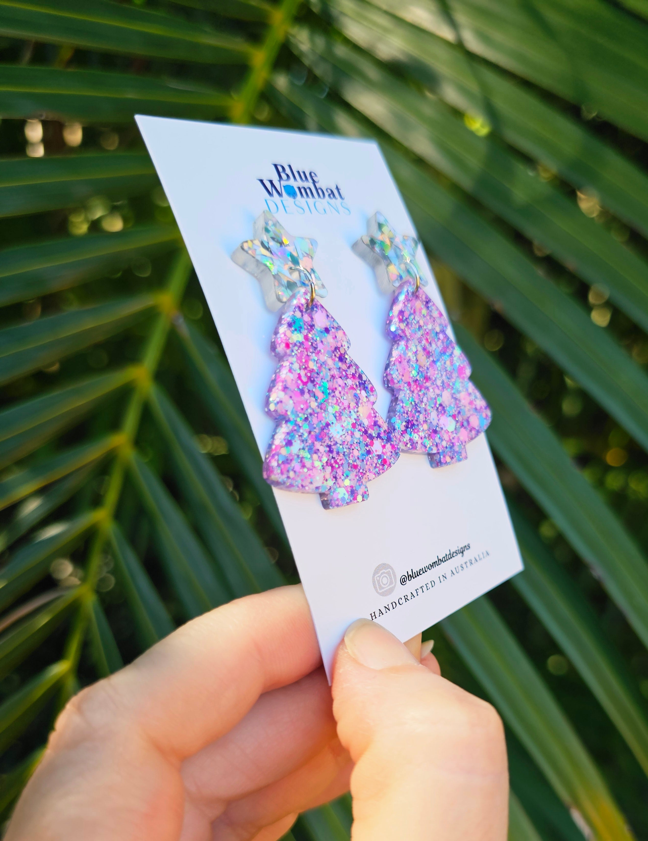 Christmas Tree Glitter Resin Dangle Earrings Handmade