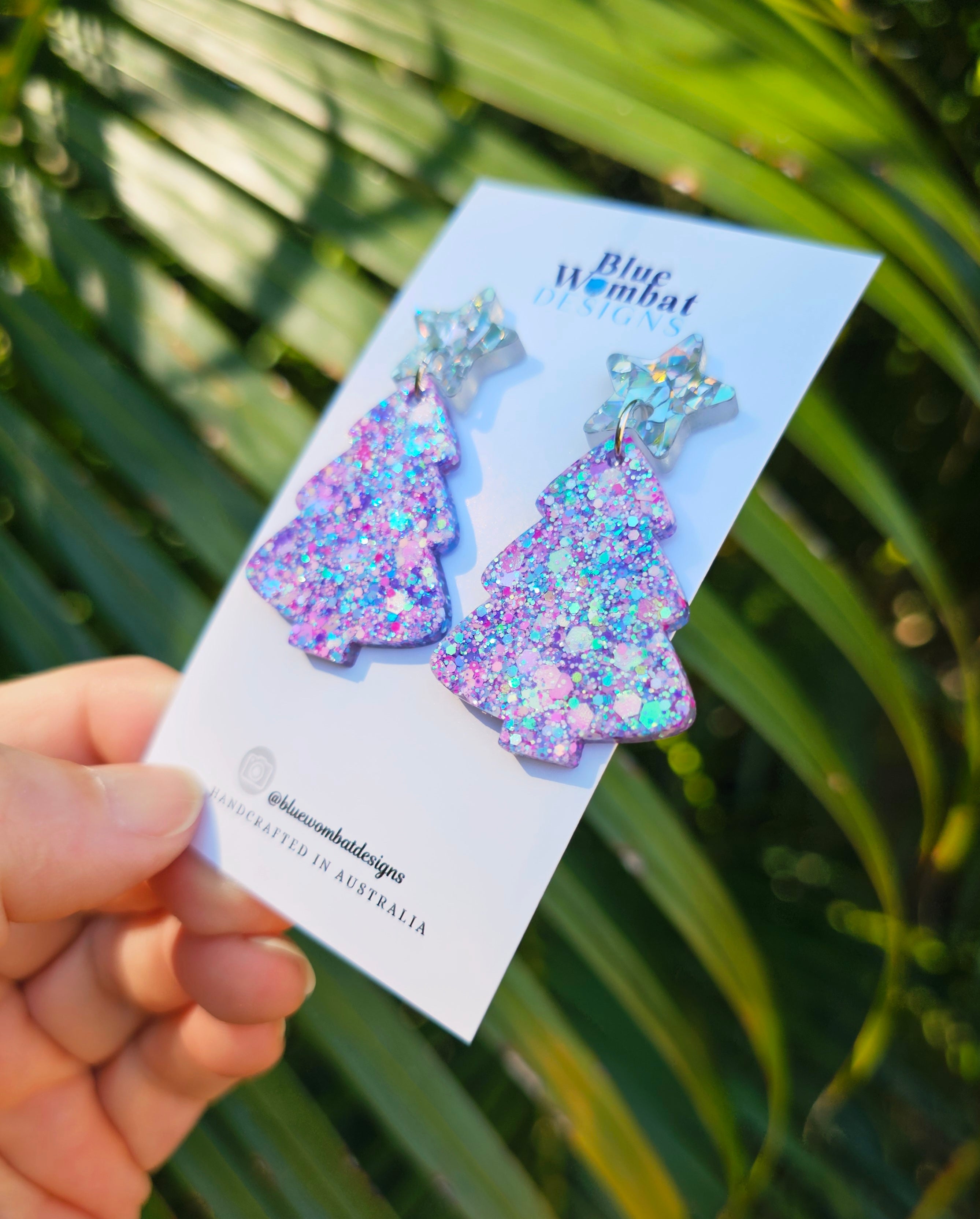 Christmas Tree Glitter Resin Dangle Earrings Handmade