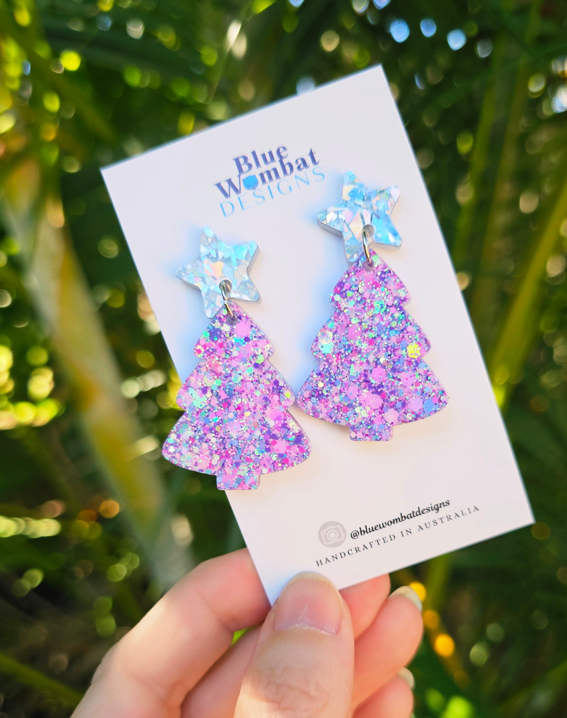 Christmas Tree Glitter Resin Dangle Earrings Handmade