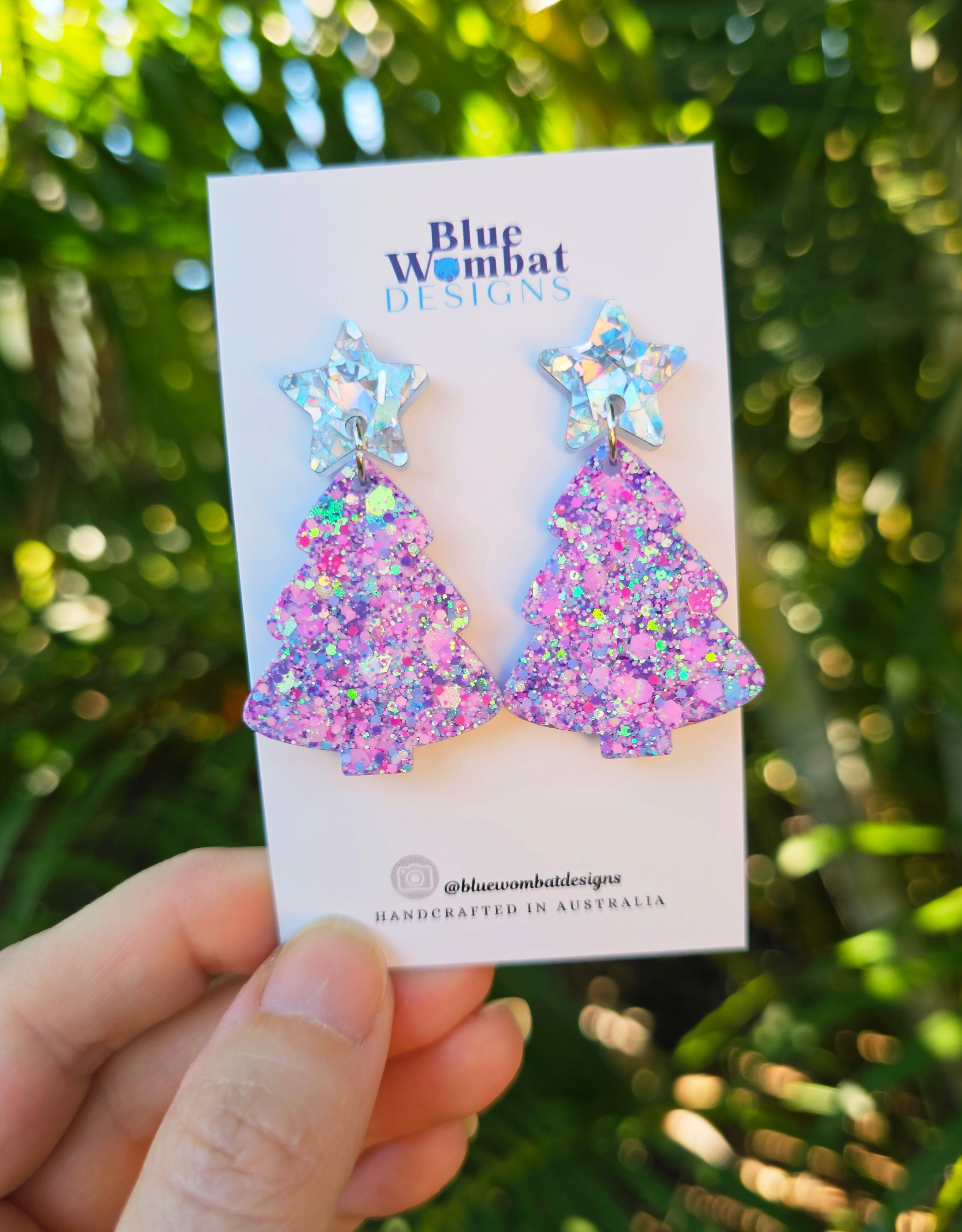 Christmas Tree Glitter Resin Dangle Earrings Handmade