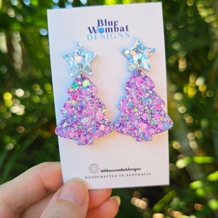 Christmas Tree Glitter Resin Dangle Earrings Handmade