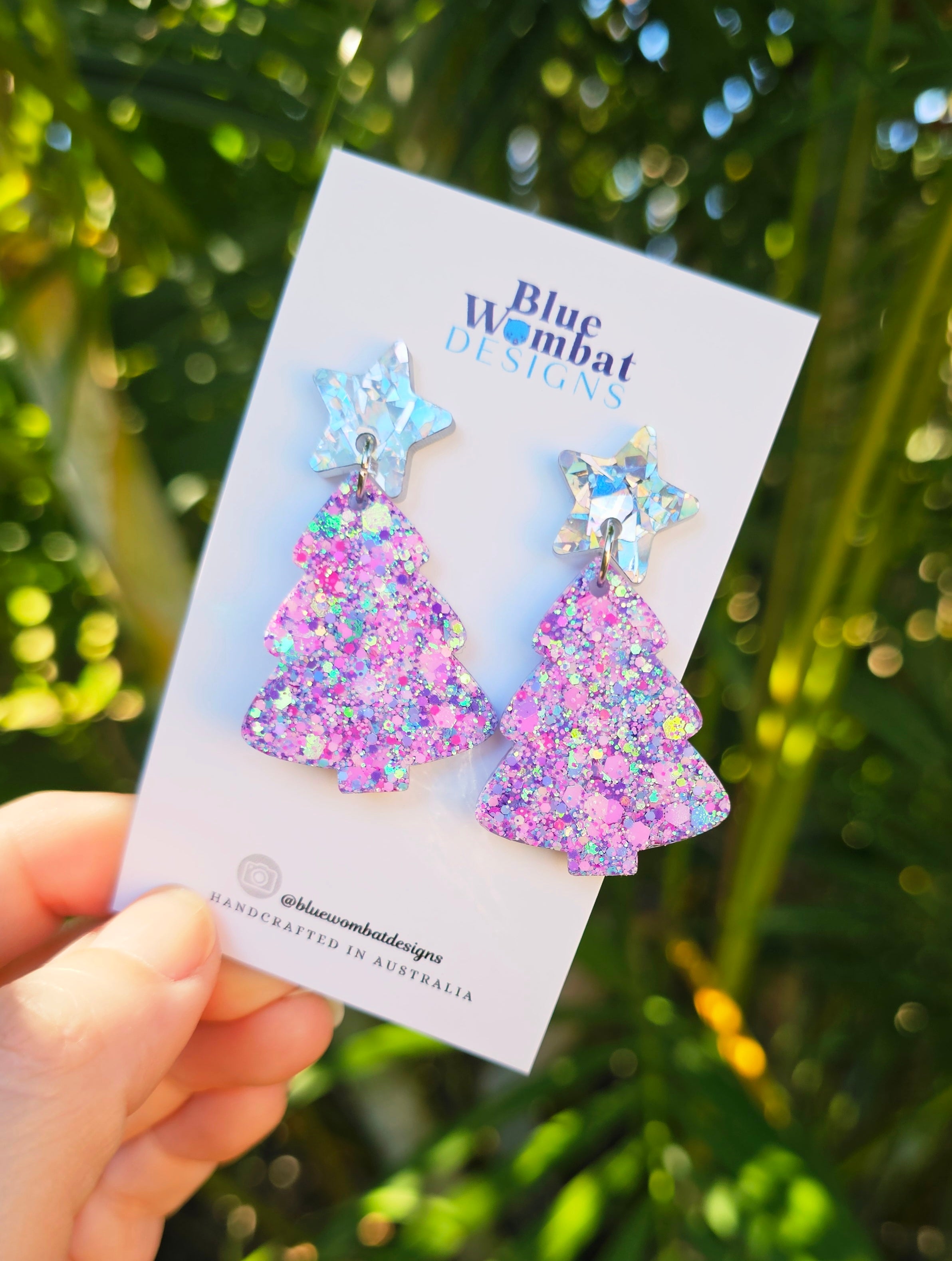 Christmas Tree Glitter Resin Dangle Earrings Handmade