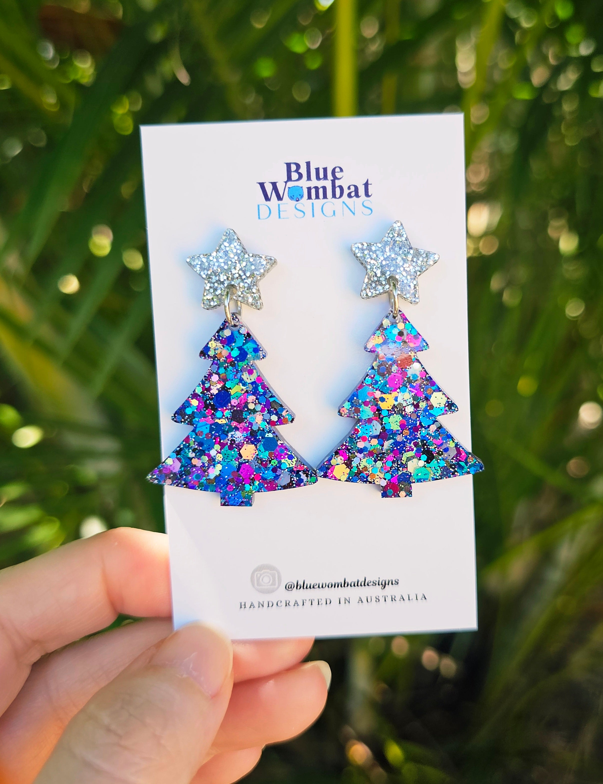Christmas Tree Glitter Resin Dangle Earrings Handmade