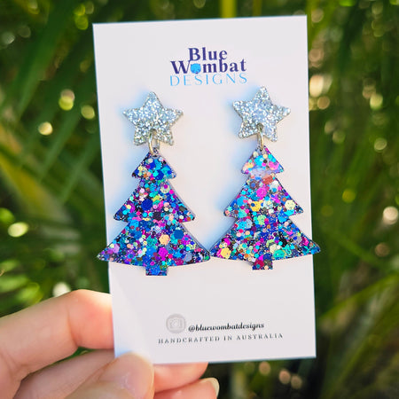 Christmas Tree Glitter Resin Dangle Earrings Handmade