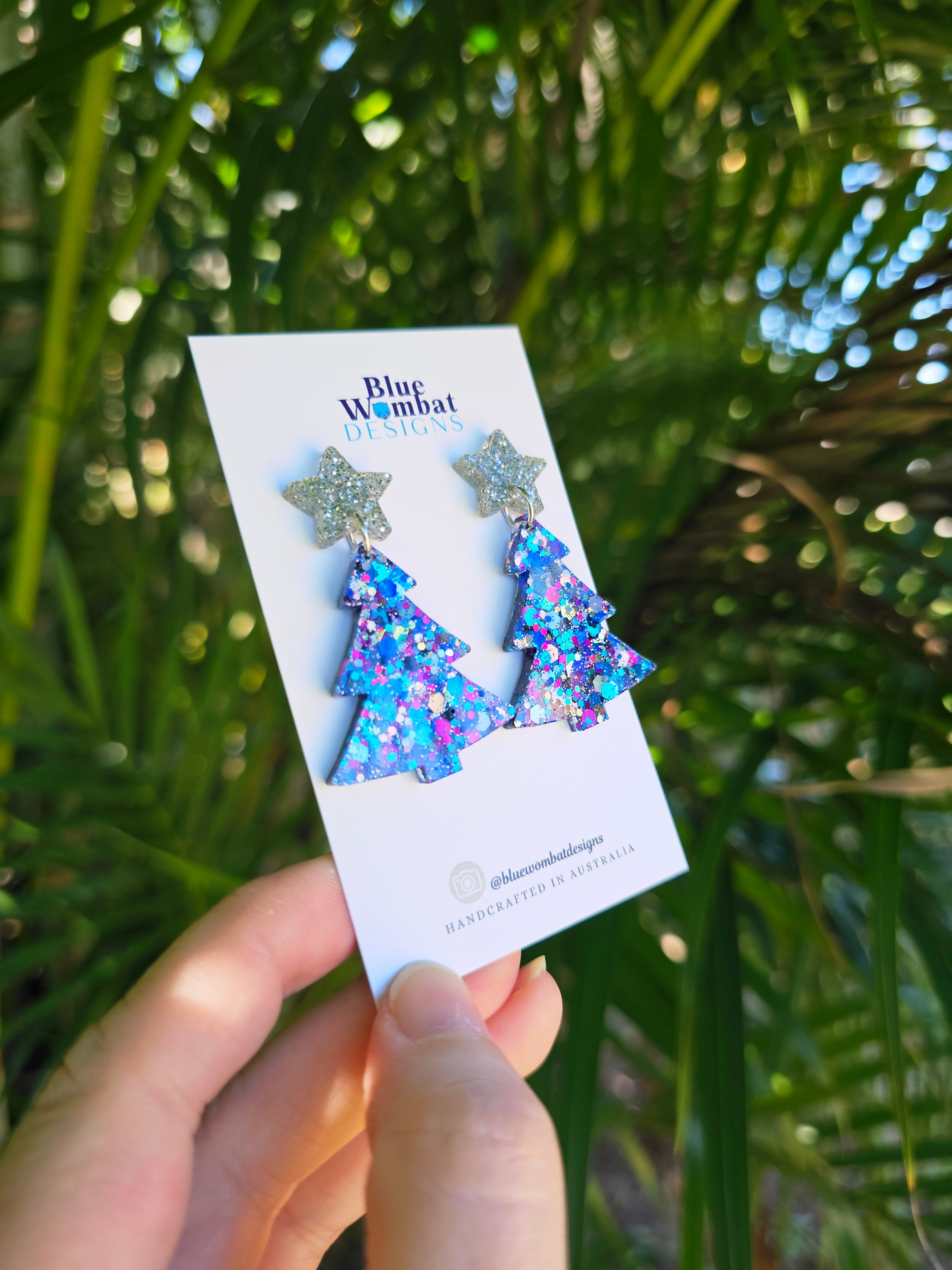 Christmas Tree Glitter Resin Dangle Earrings Handmade