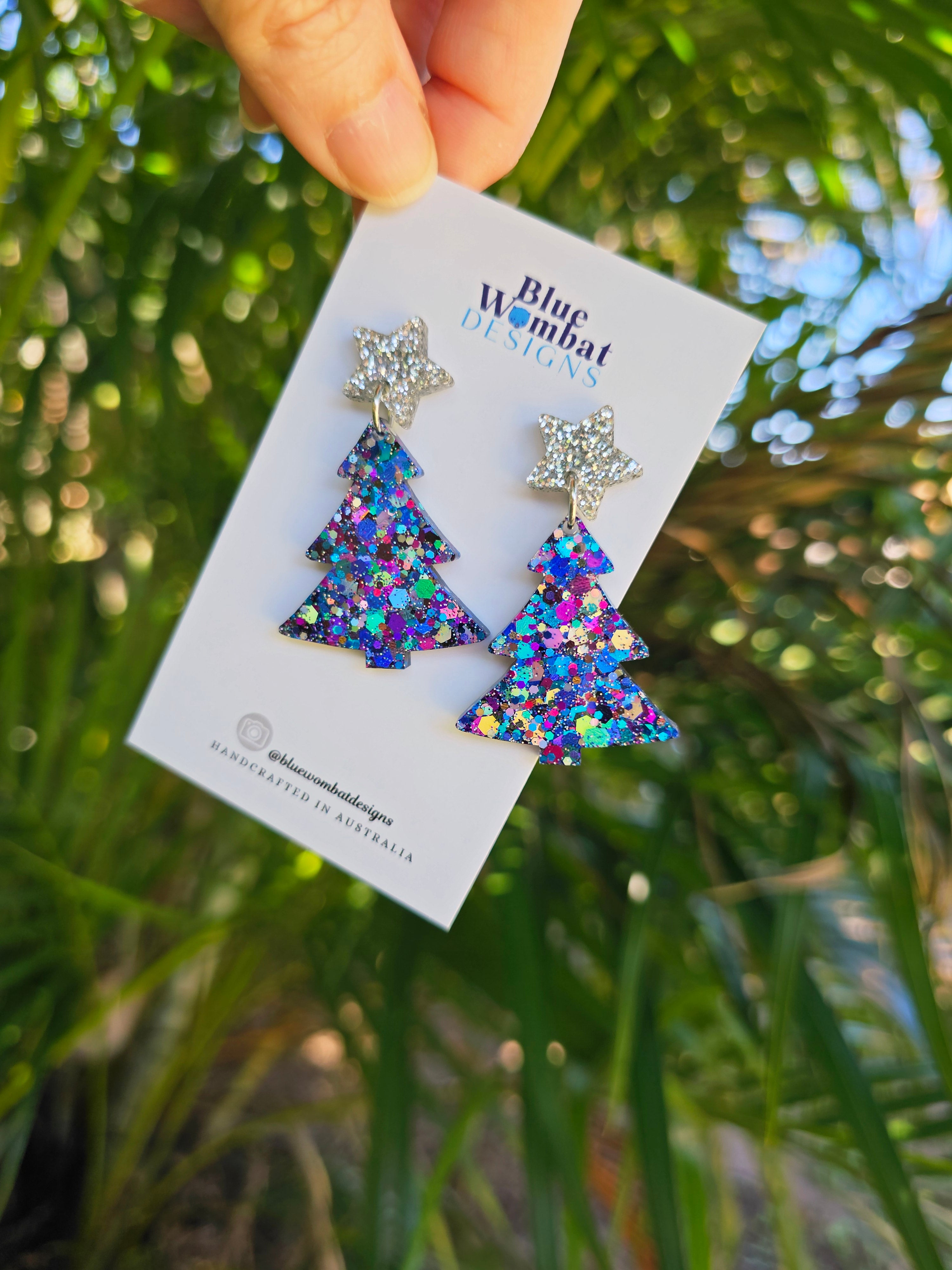 Christmas Tree Glitter Resin Dangle Earrings Handmade