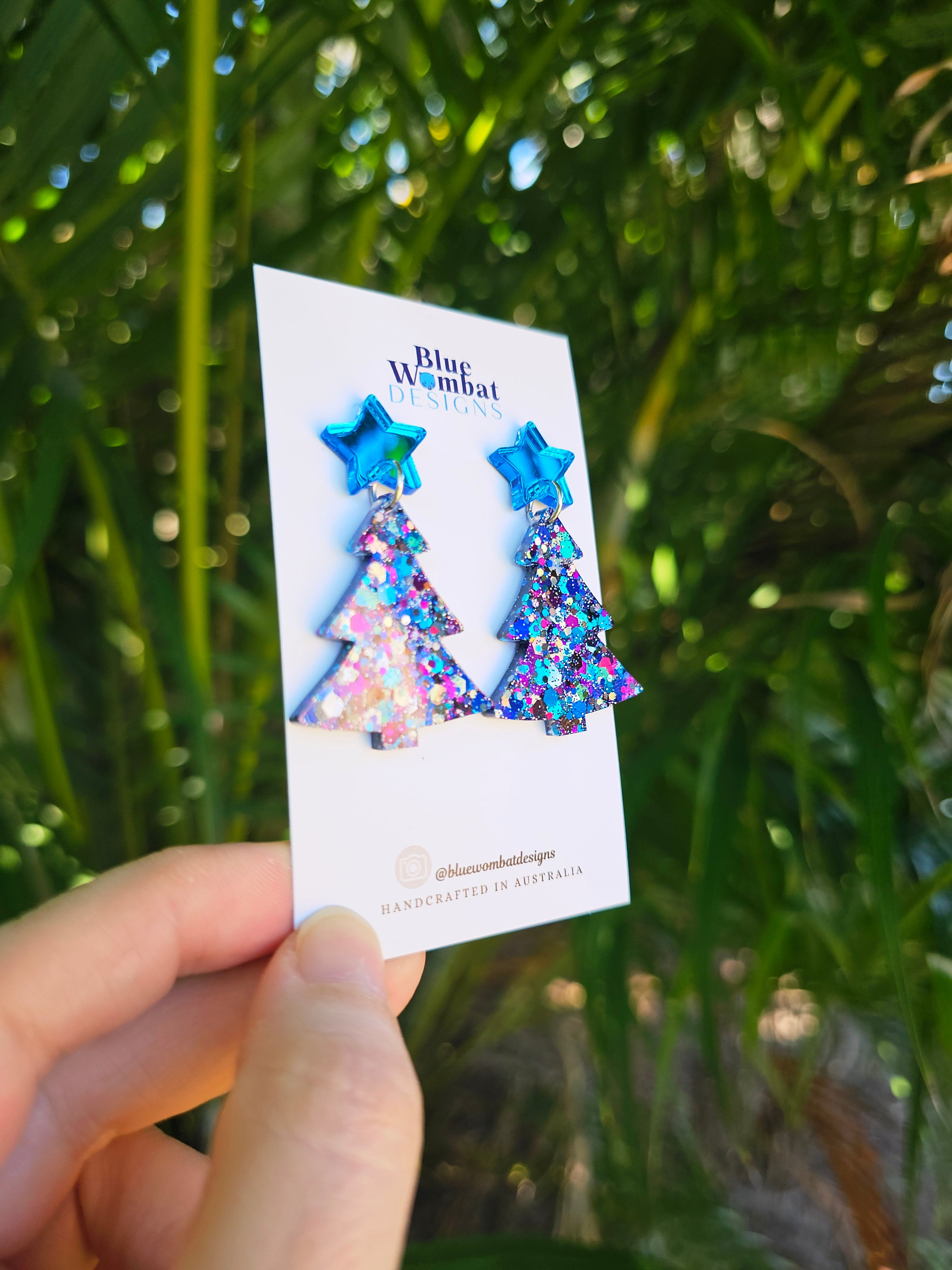 Christmas Tree Glitter Resin Dangle Earrings Handmade