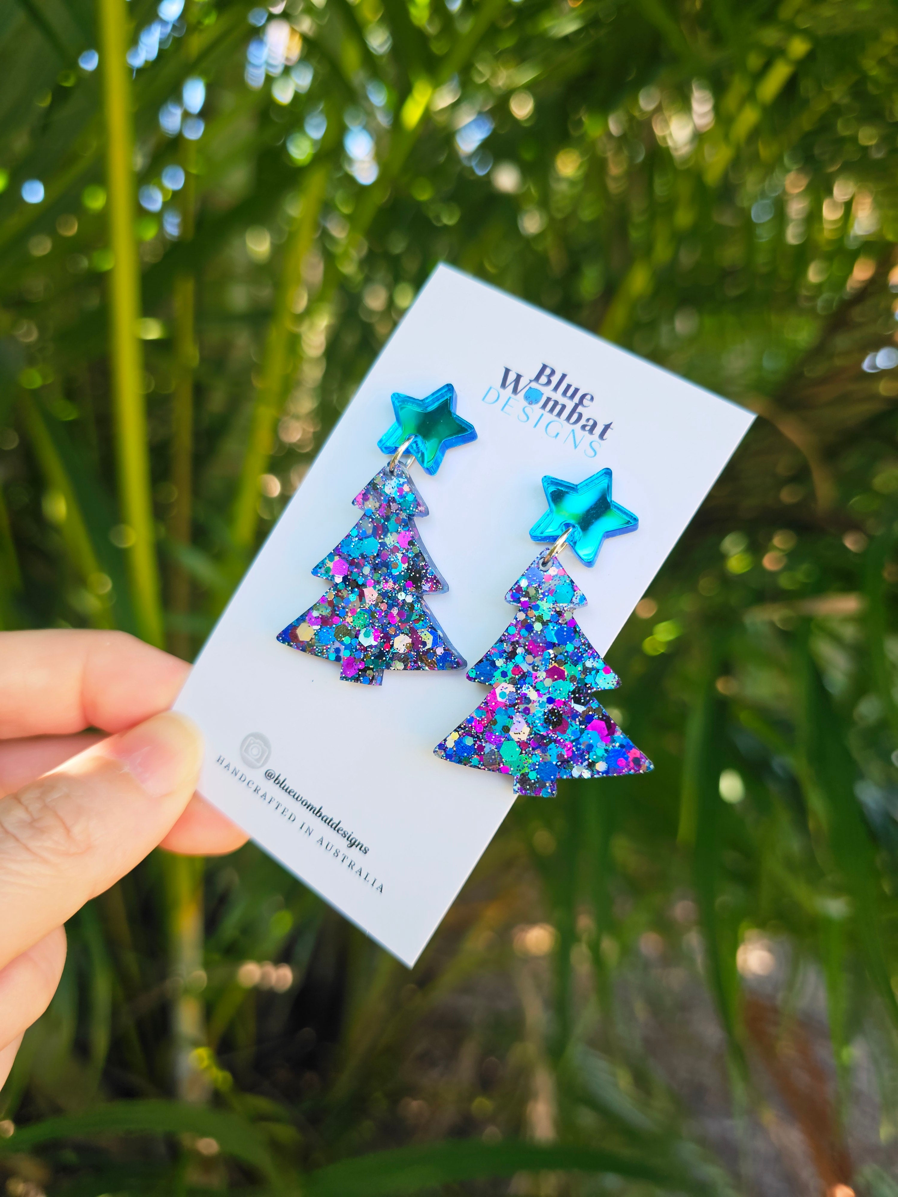 Christmas Tree Glitter Resin Dangle Earrings Handmade