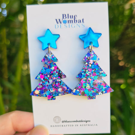 Christmas Tree Glitter Resin Dangle Earrings Handmade